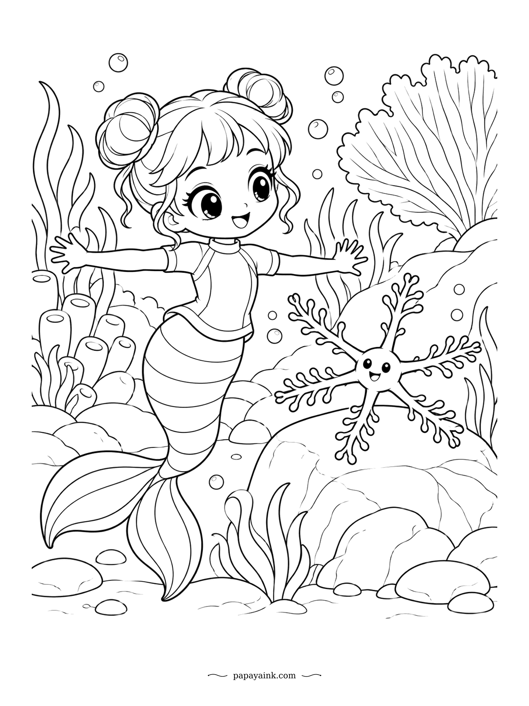 Kawaii Mermaid Coloring Pages - Arms wide, copying the basket star on the rock. The star wins on technicality: its arms branch and branch again until they look like lace. Do the little branches with a fine-tip pen and the big fan coral with the side of a crayon.