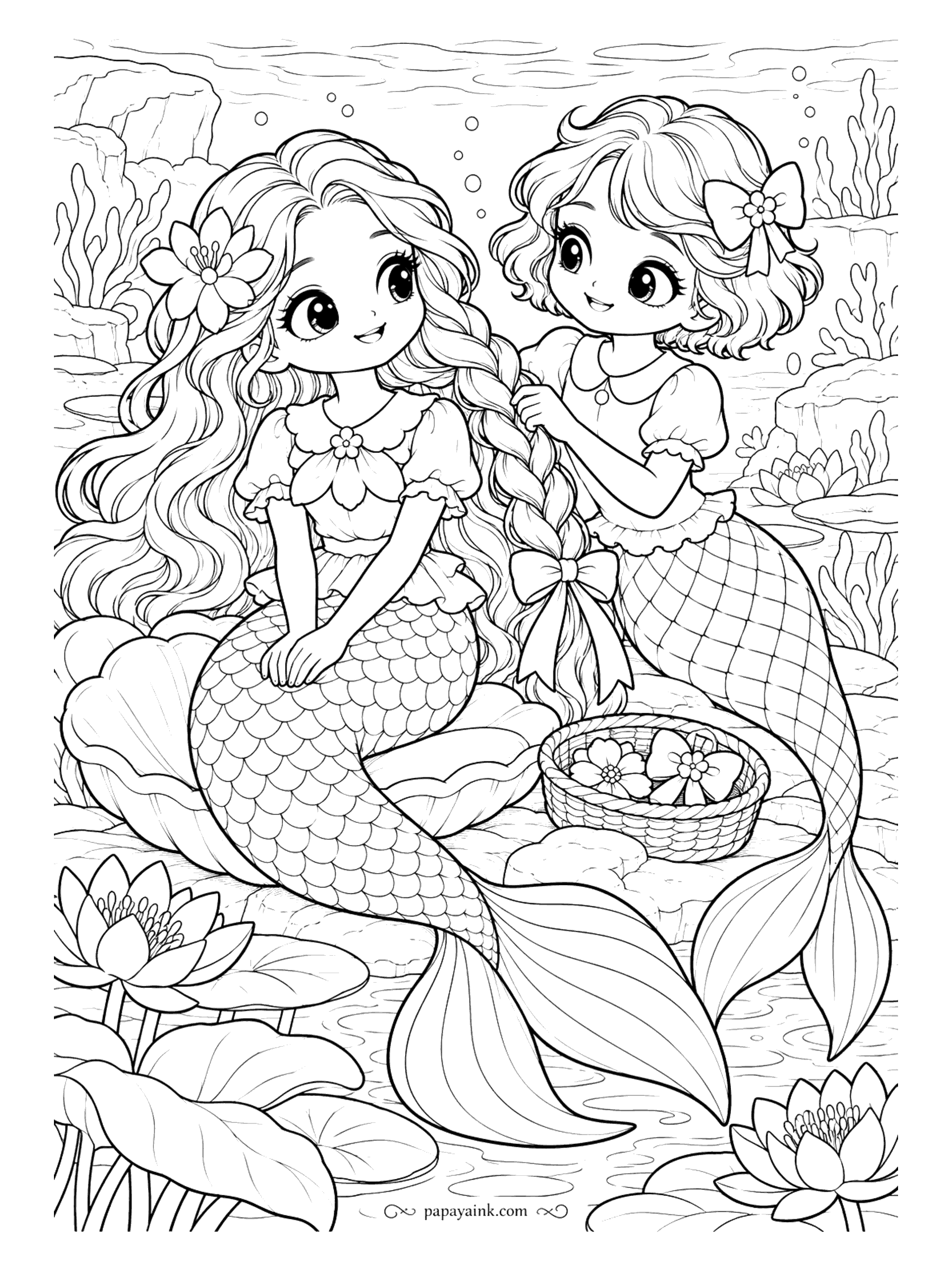 Kawaii Mermaid Coloring Pages - Braiding takes patience on both sides. One friend sits still with her hands in her lap, the other finishes the plait with a bow, and a basket of flowers stands ready for the last touches. Detailed - a full head of loose waves to color.