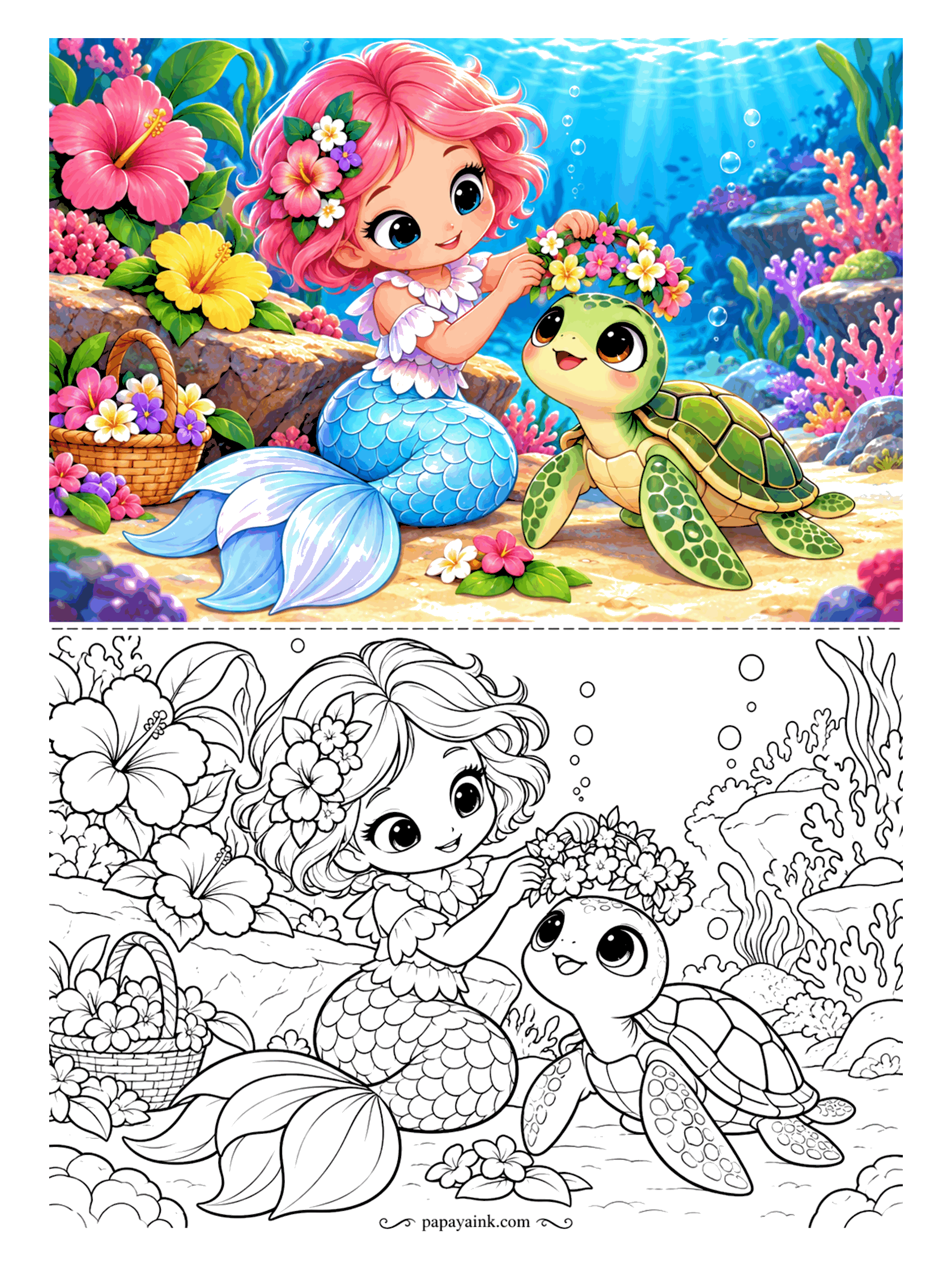 Kawaii Mermaid Coloring Pages - Coronation day on the reef. The flower crown is a little too big for a baby sea turtle, and nobody minds, least of all the turtle. Detailed - hibiscus petals, a patterned shell and a basket of spare blossoms.