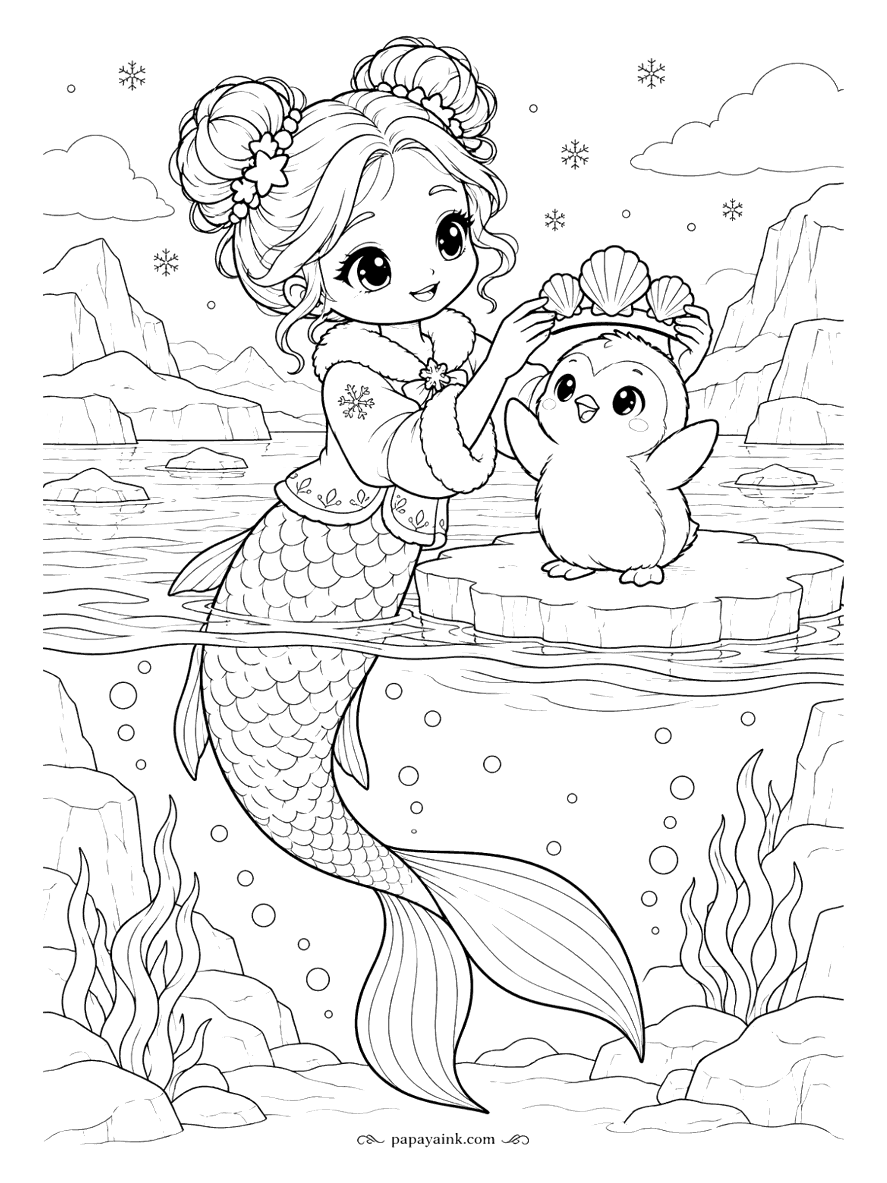 Kawaii Mermaid Coloring Pages - Wings out, eyes up - the penguin chick on its own small ice floe is getting a crown of scallop shells. Snowflakes, icebergs and a fur-trimmed jacket above the water; a long tail in the cold below. Detailed.