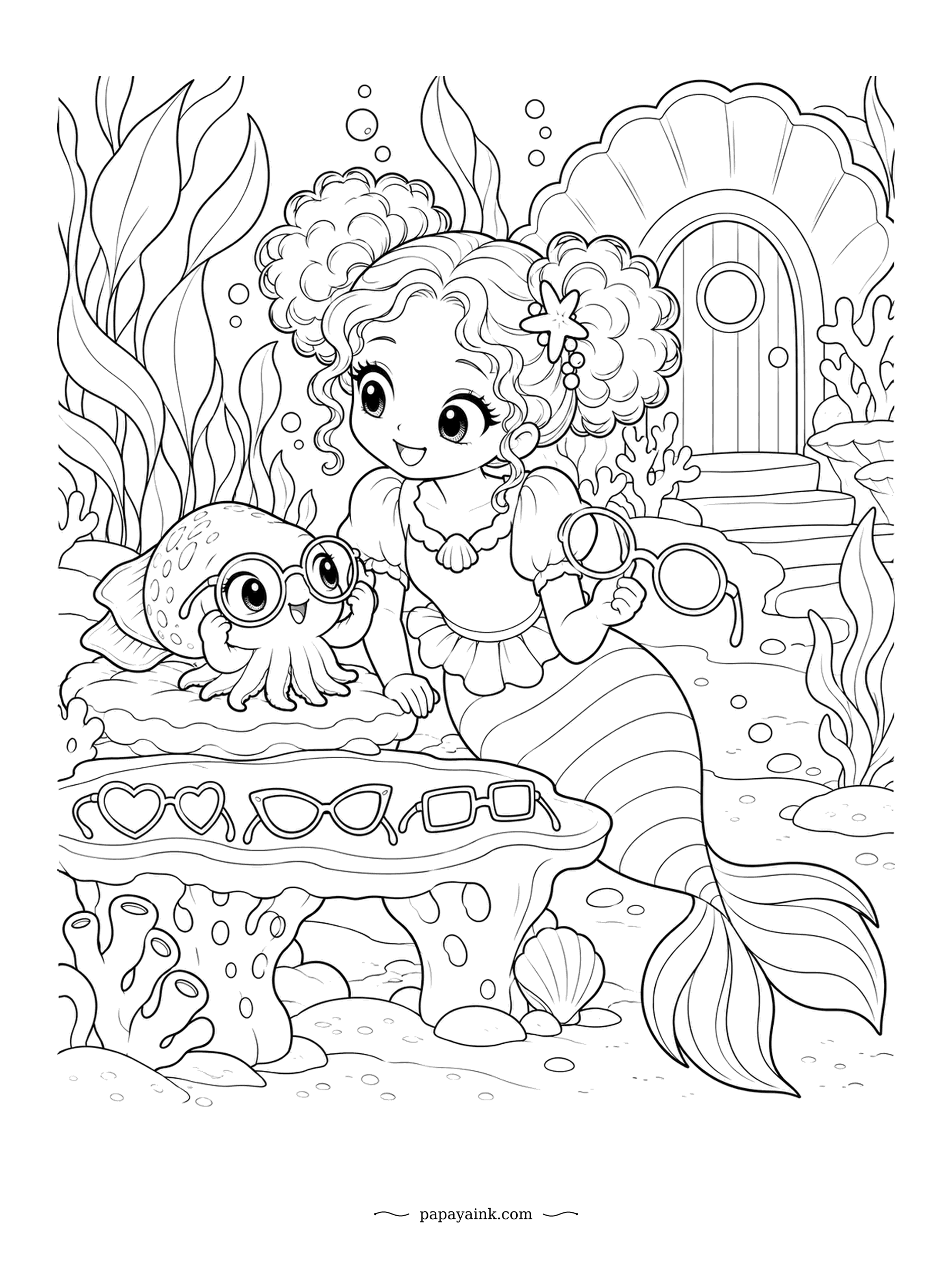 Kawaii Mermaid Coloring Pages - A cuttlefish trying on round frames, with heart-shaped and cat-eye pairs waiting on the tray. Cuttlefish pupils are shaped like a W, so the fitting takes a while. Give every pair of glasses a different color.