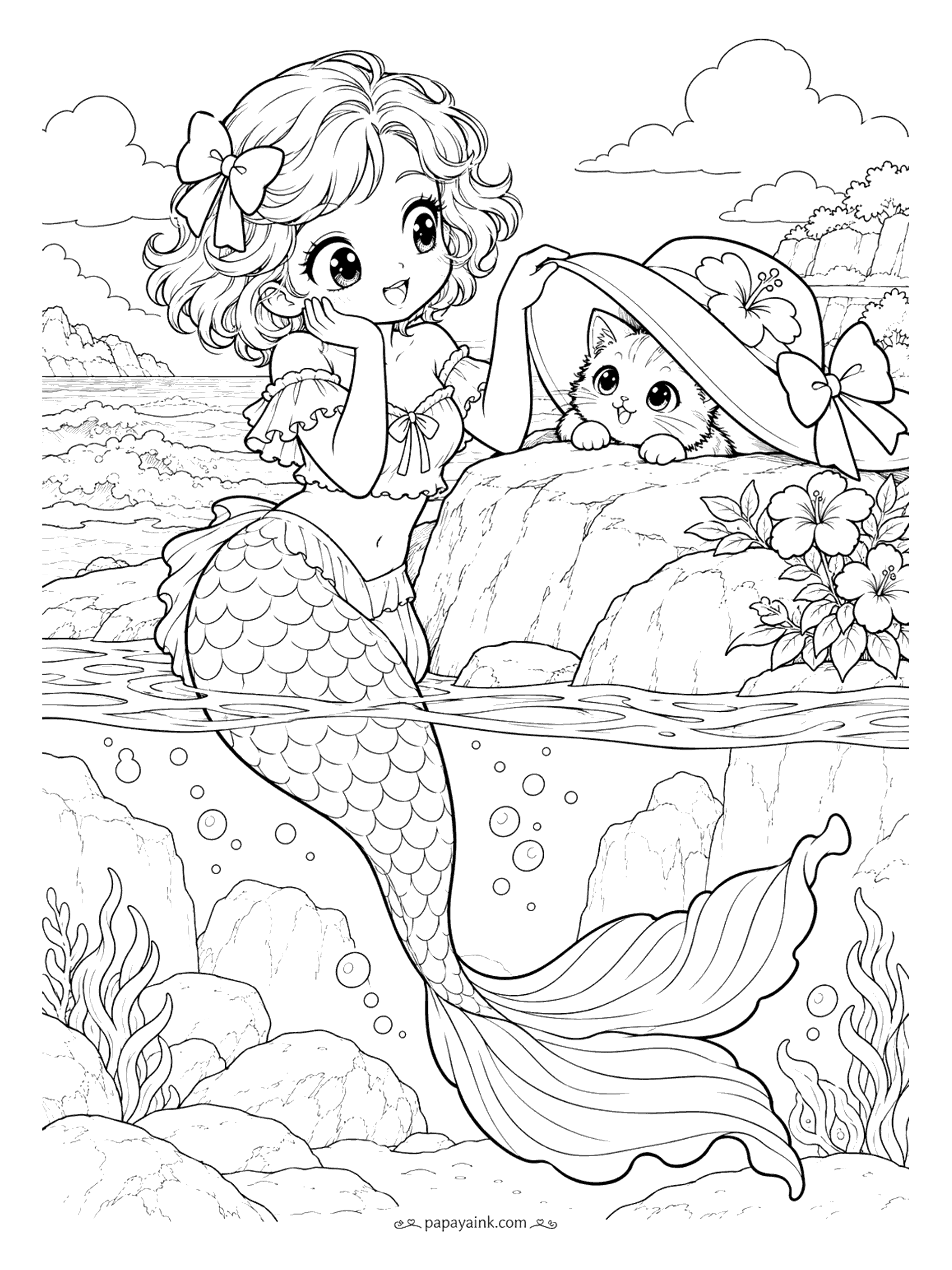Kawaii Mermaid Coloring Pages - Lift the brim of the sun hat and there is a kitten under it, front paws on the rock. Surf and cliffs above the waterline; below it, a long ruffled tail among the boulders. Detailed.