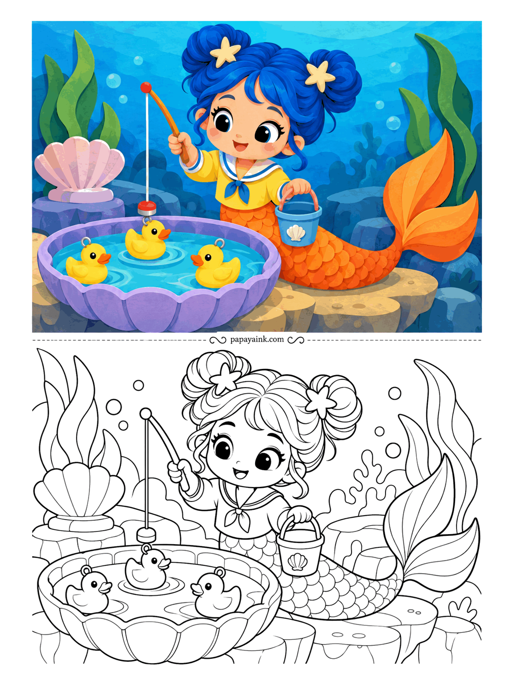 Kawaii Mermaid Coloring Pages - Fairground game in a clam-shell pool: rubber ducks with a loop on each head, a rod with a hook, and a bucket for the catch. She wears a sailor collar and two buns pinned with starfish.