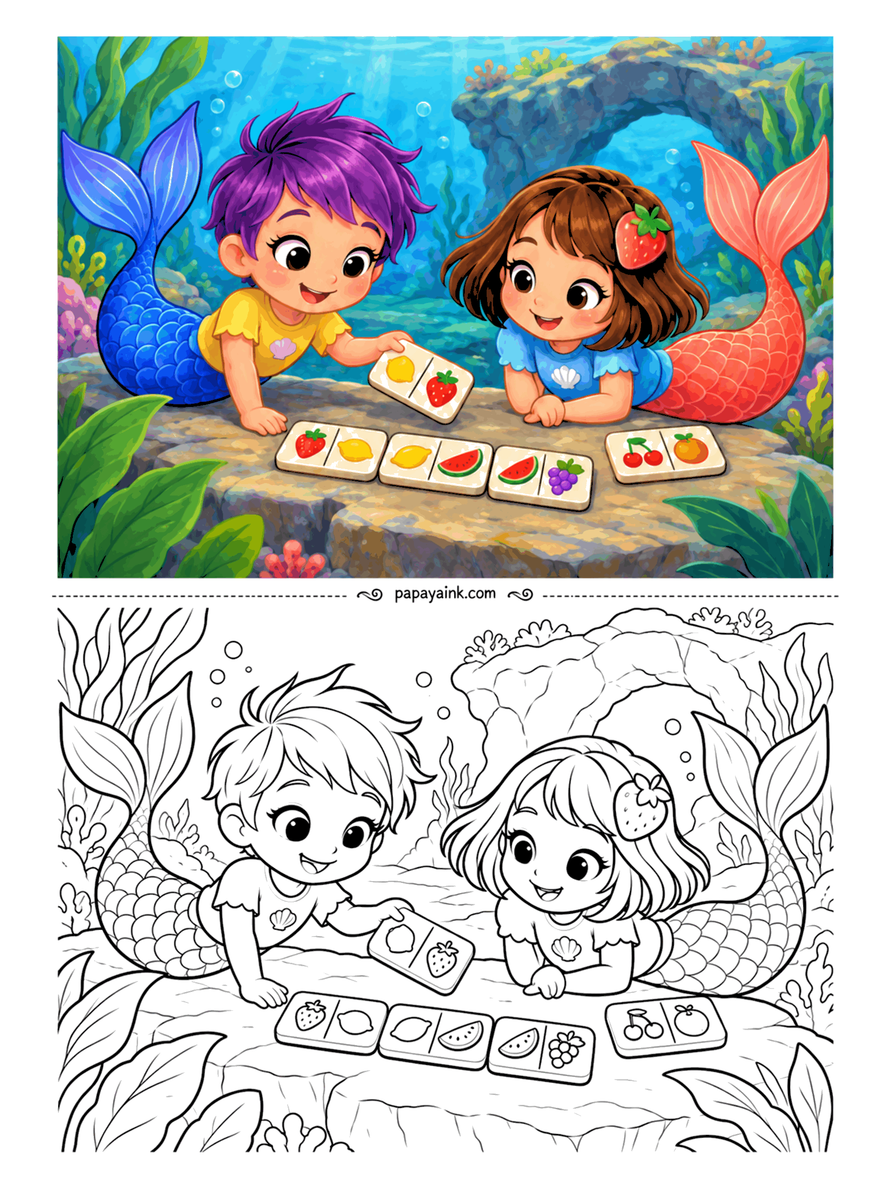 Kawaii Mermaid Coloring Pages - Fruit dominoes on a flat rock: strawberry to strawberry, lemon to lemon, watermelon to watermelon. Two friends stretch out on their elbows, and the next tile is already in hand. Every tile is a tiny picture of its own to color.