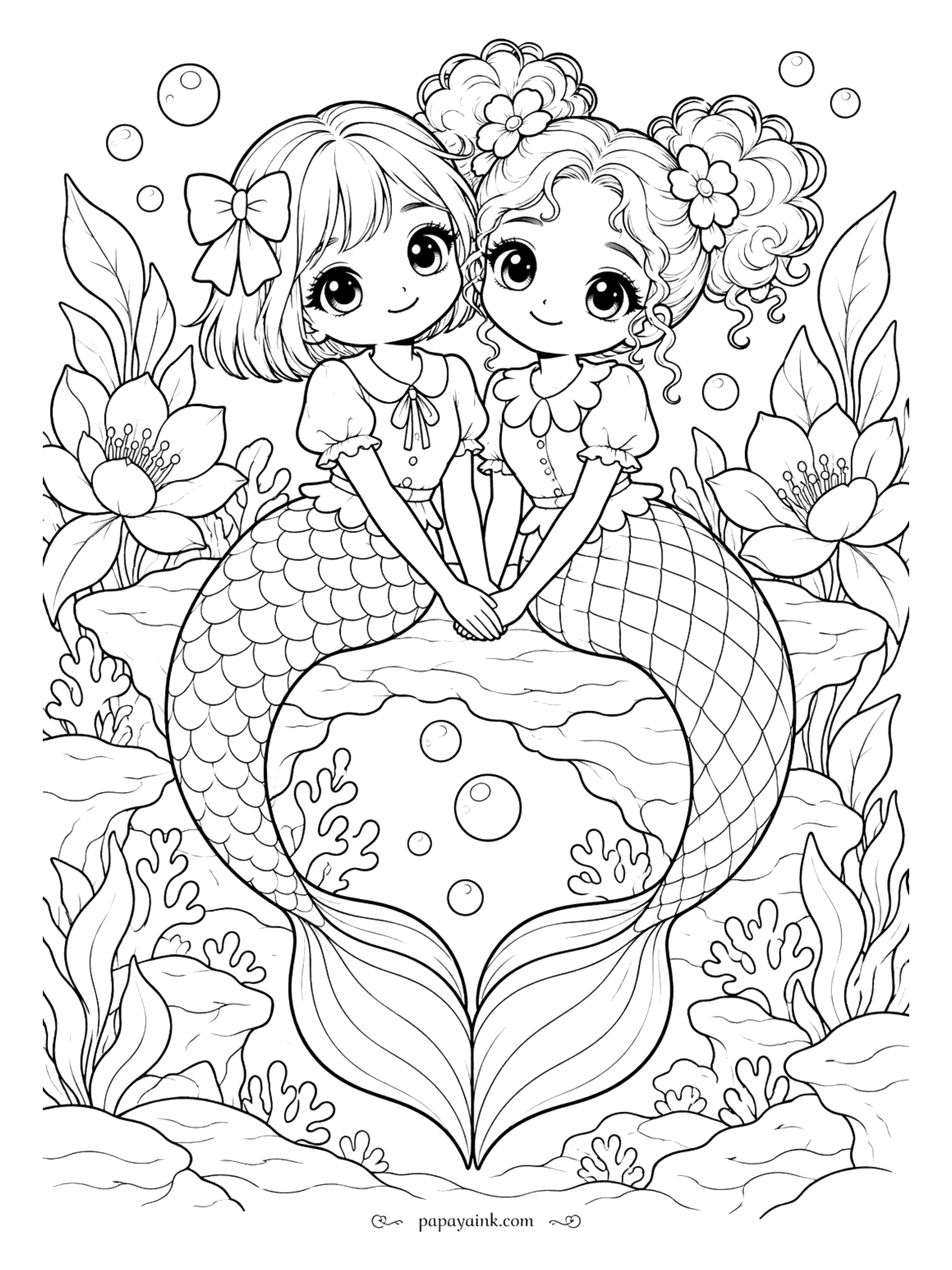 Kawaii Mermaid Coloring Pages - Sitting hand in hand on a rock, the friends let their tails meet below, and the outline makes a heart. One tail has round scales, the other a diamond pattern - a good reason to use two palettes.