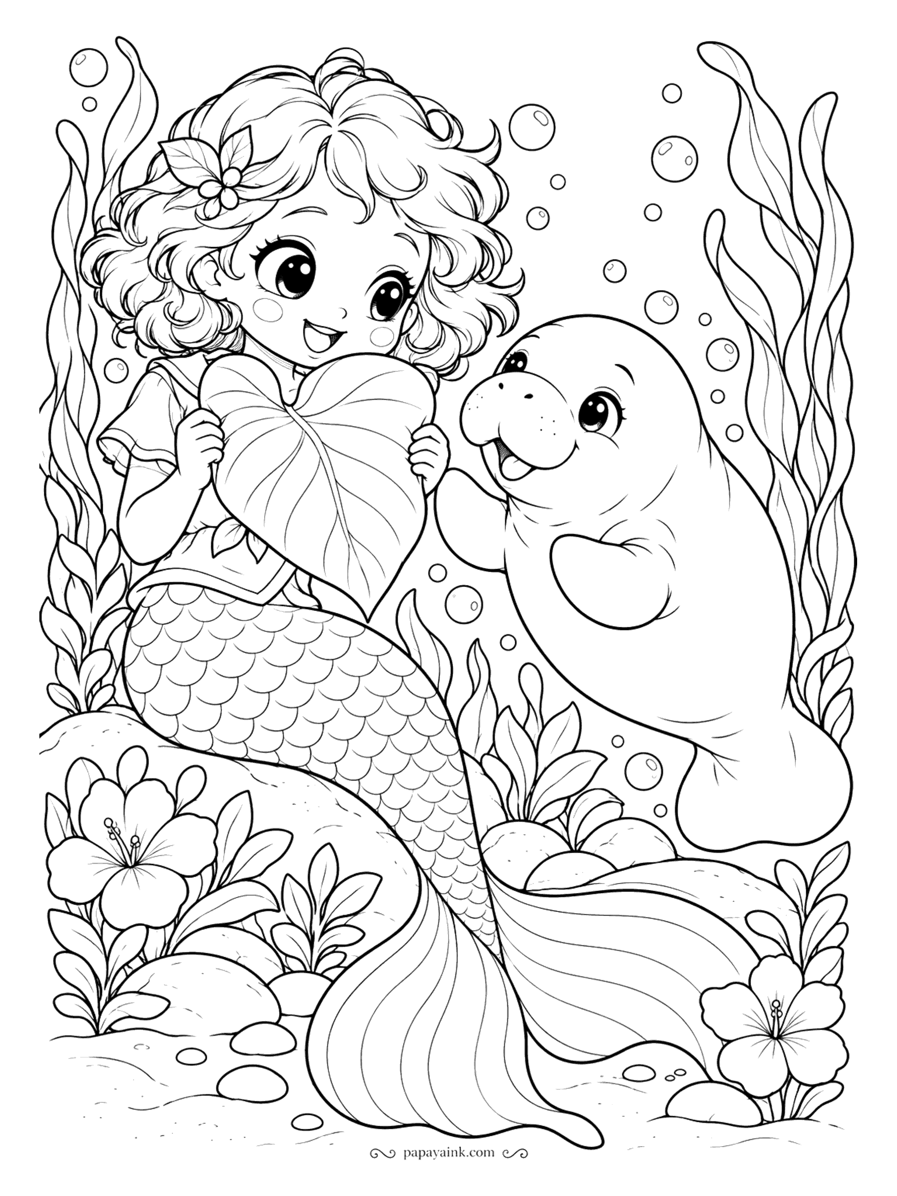 Kawaii Mermaid Coloring Pages - Valentines down here are leaves - big heart-shaped ones. This one is held out with both hands, and the manatee already has a flipper raised to take it.