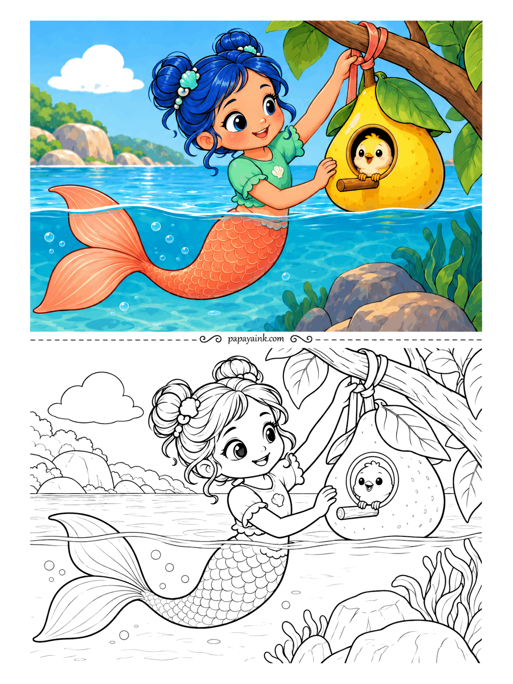 Kawaii Mermaid Coloring Pages - Somebody small lives in the pear. It hangs from a branch by a ribbon, with a round door cut in the side and a perch below it, and a chick looks out while she steadies the house from the water.