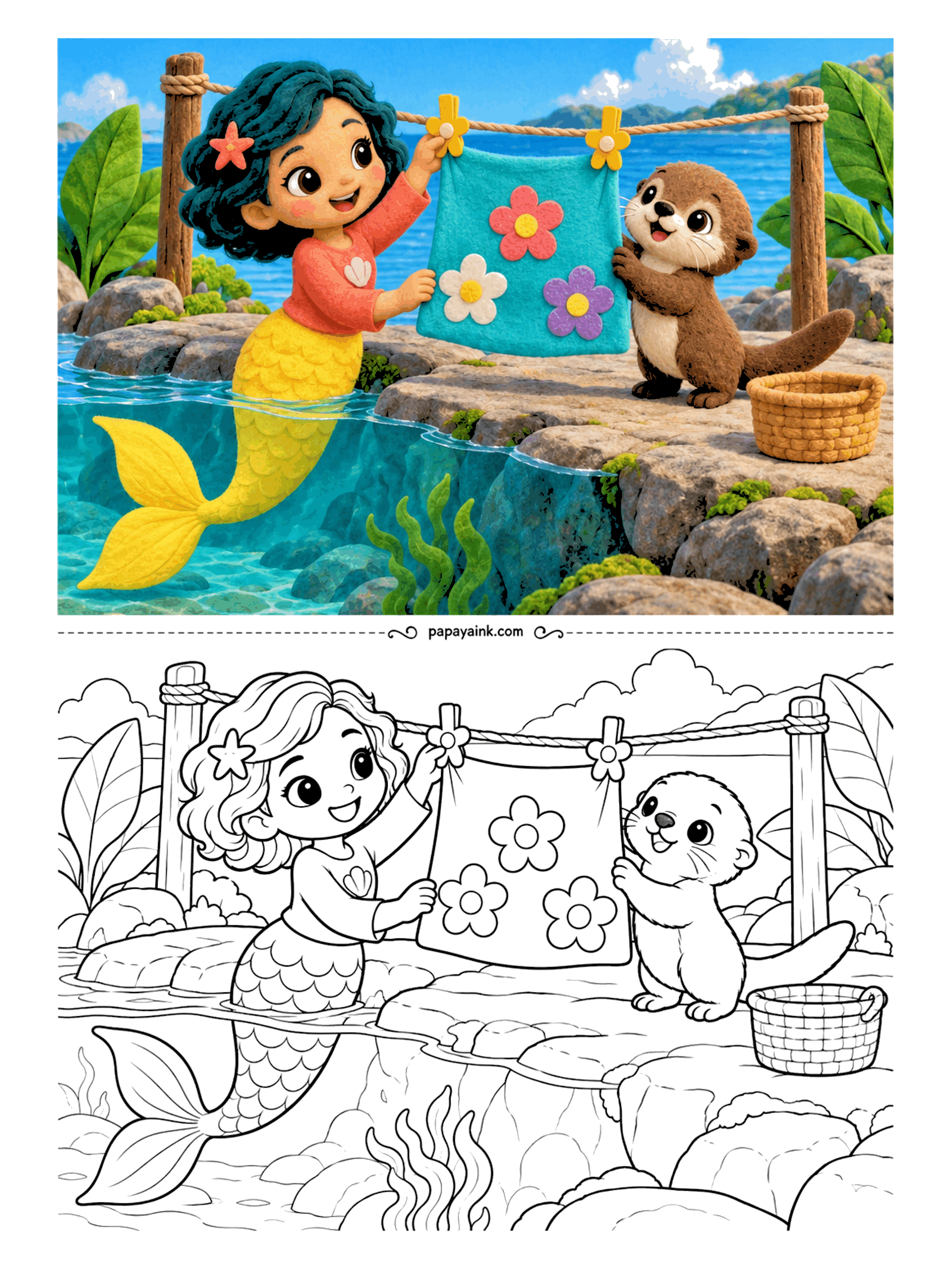 Kawaii Mermaid Coloring Pages - Laundry day at the shore. A flowered towel goes up on the rope with flower-shaped pegs, and the otter holds the far corner so it hangs straight. The basket is empty - this was the last one.