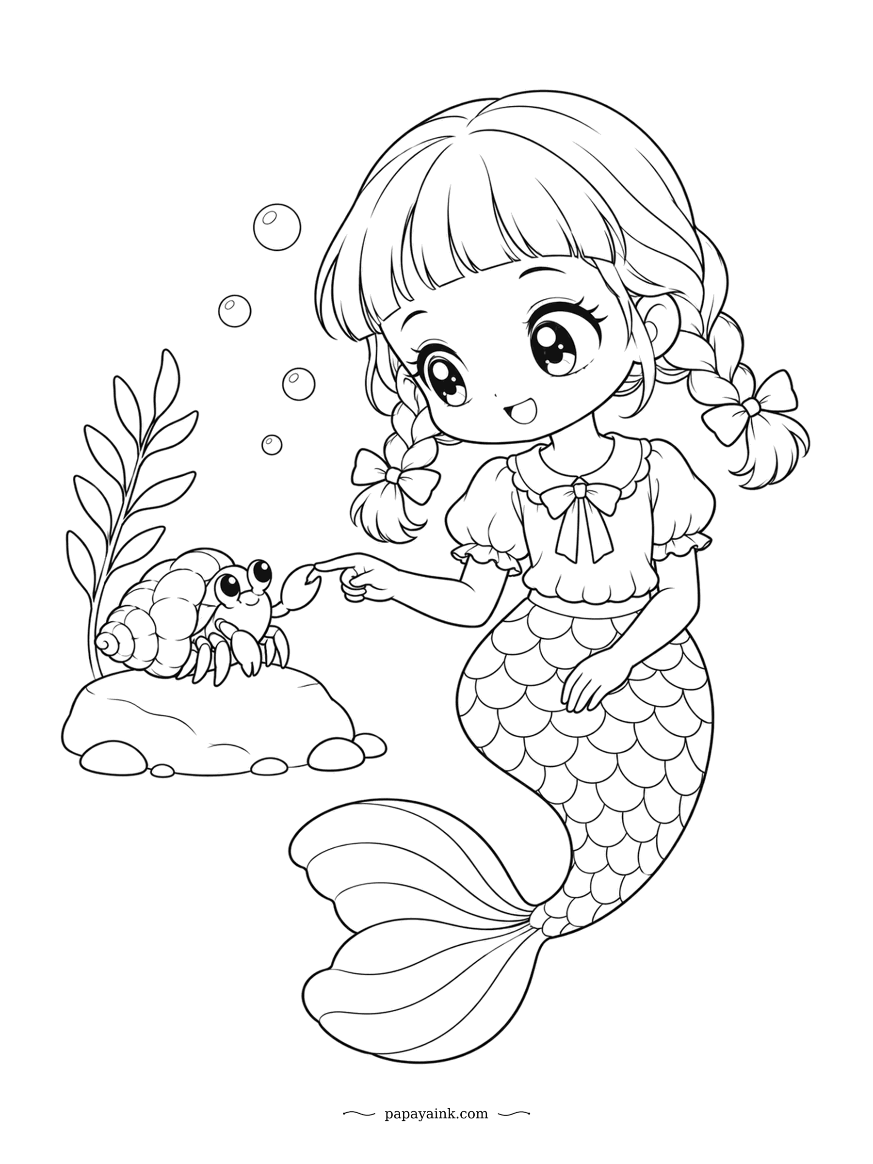 Kawaii Mermaid Coloring Pages - Fingertip to claw: the formal greeting between a mermaid and a hermit crab. The crab lives in a borrowed snail shell and trades up to a bigger one when it grows, so the spiral is worth a careful job. Simple lines, lots of space.