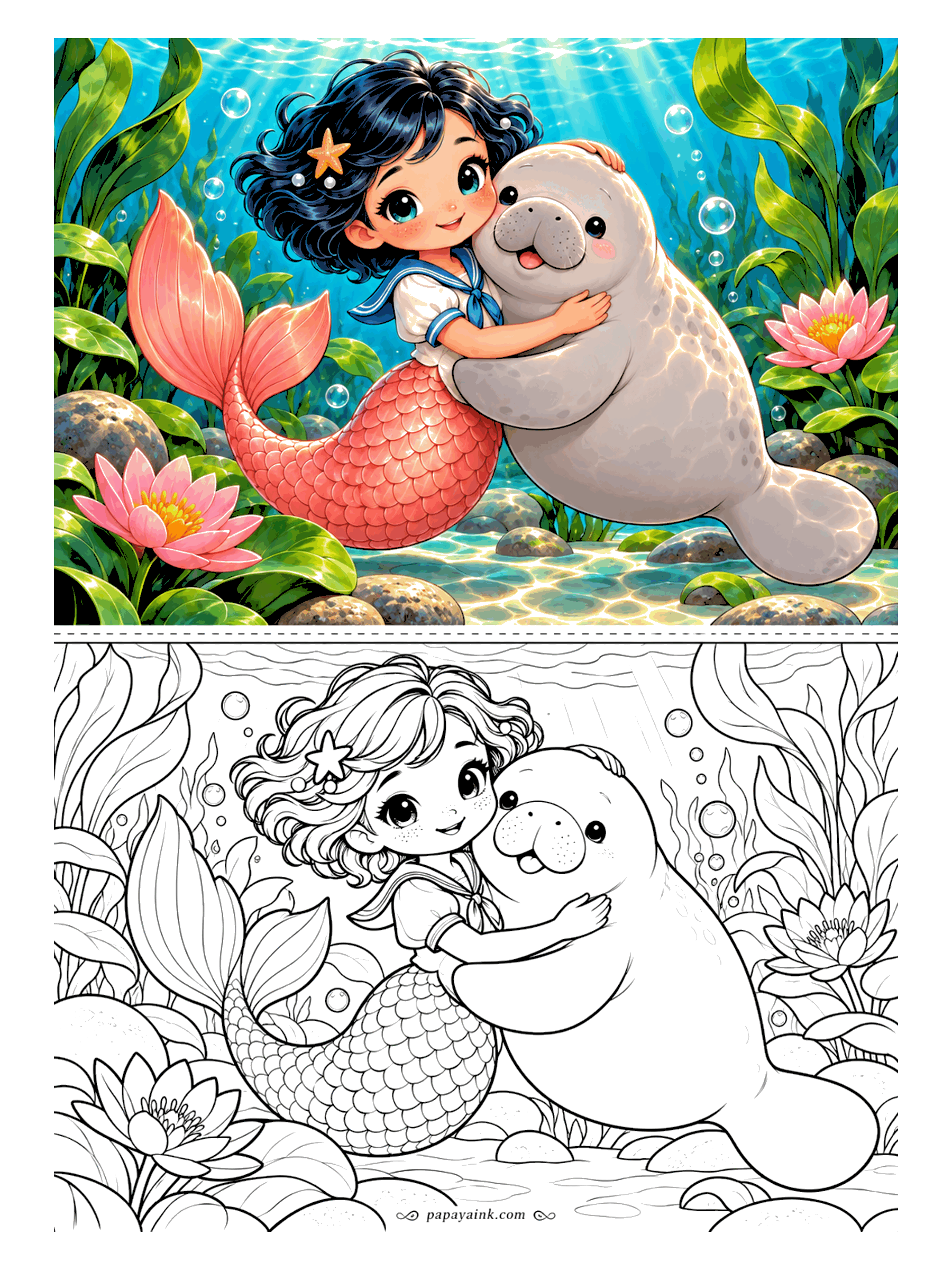 Kawaii Mermaid Coloring Pages - Manatees give the best hugs: slow, round and complete. She wears a sailor collar and a starfish clip in her hair, and pink water lilies frame the scene on both sides.