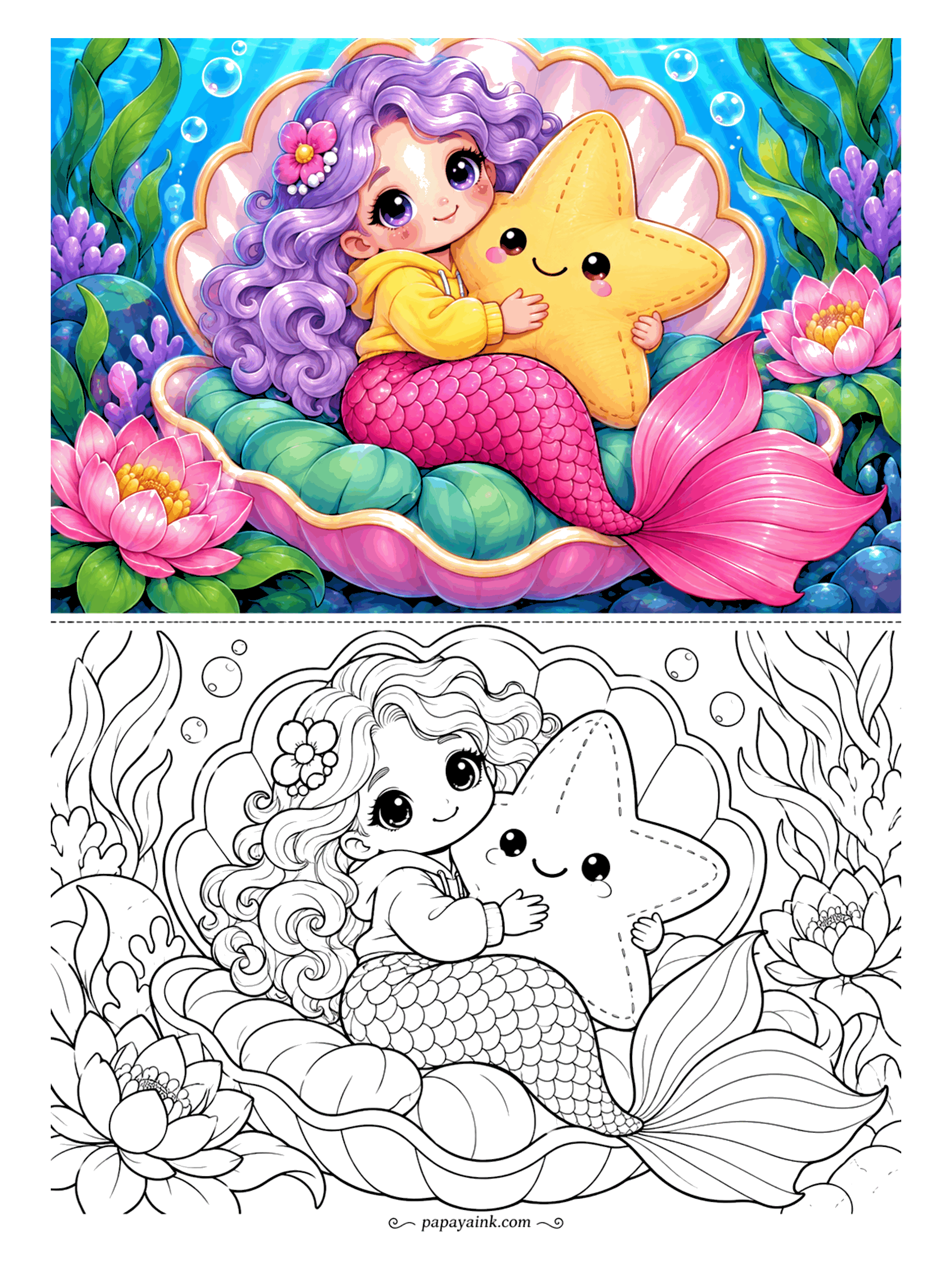 Kawaii Mermaid Coloring Pages - Nap gear, complete: an oversized hoodie, a quilted clam bed and a starfish pillow almost her own size. Long curls fill the rest of the shell - a satisfying page for anyone who likes coloring hair.