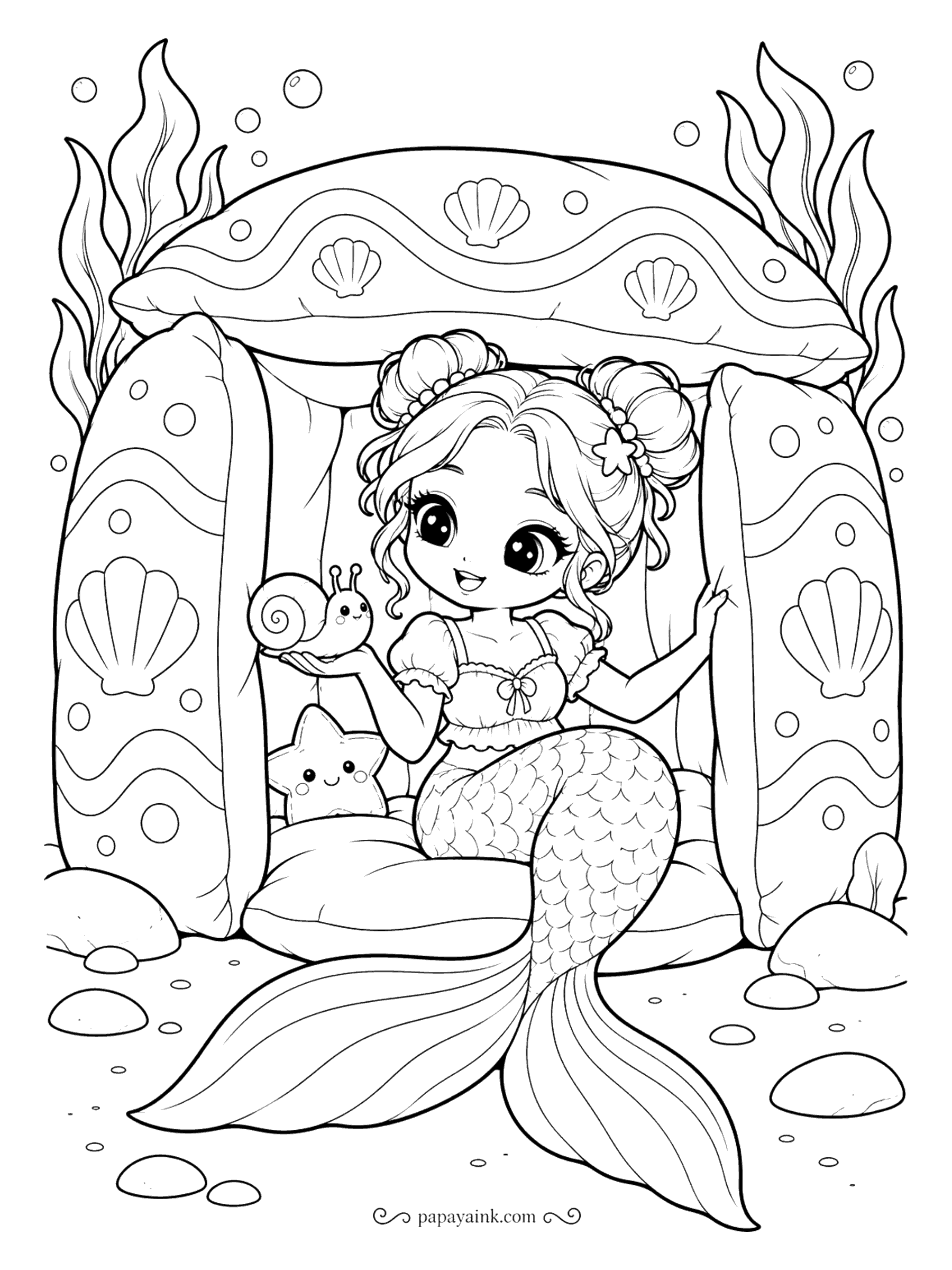 Kawaii Mermaid Coloring Pages - Built from big cushions, the pillow fort has room for a mermaid, a starfish pillow and one snail, held up on her palm like a guest of honor. Shell prints and wavy stripes on the fabric make this a pattern page.