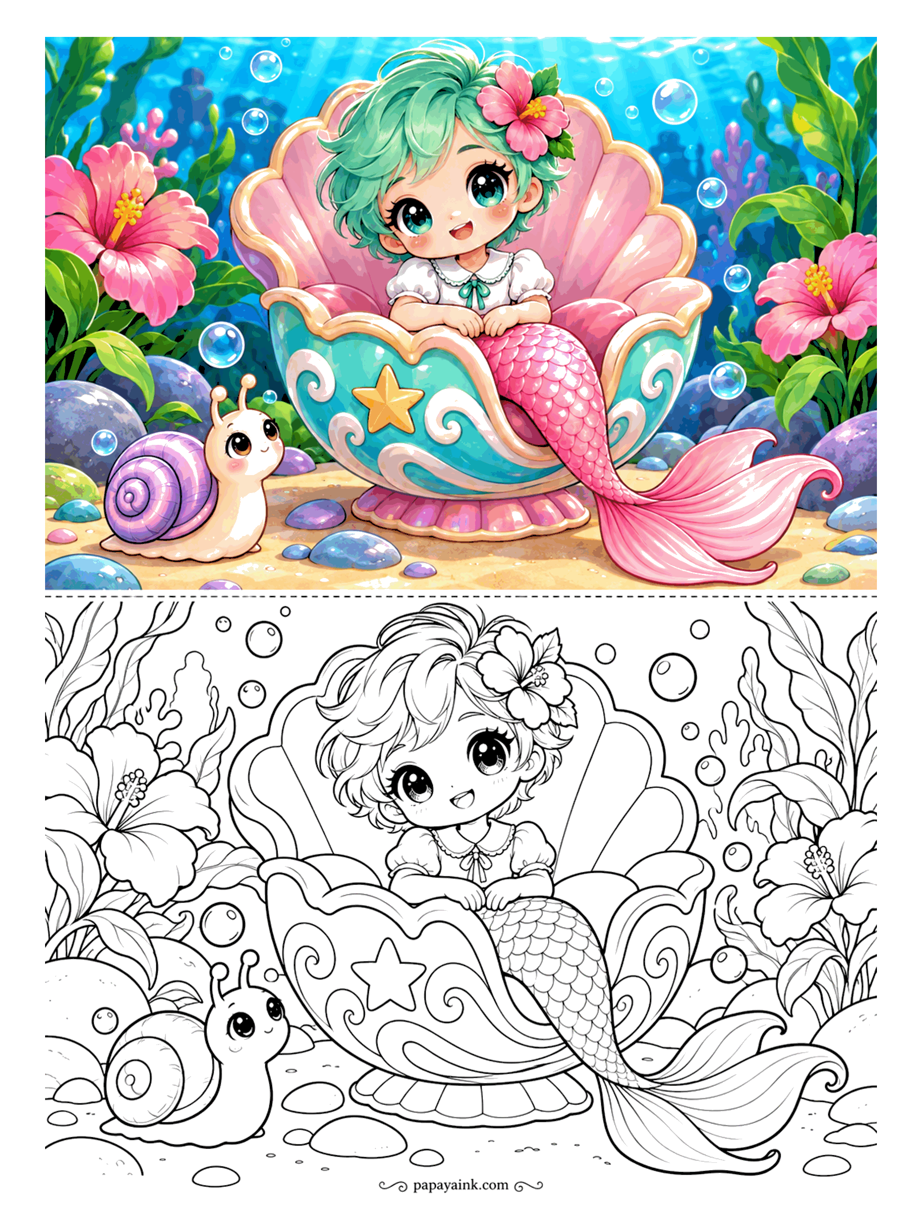 Kawaii Mermaid Coloring Pages - Some mermaids like a seat with a view. Hers is an oversized shell teacup with painted waves and a star on the side, and a snail has stopped by to chat. Short curls, a hibiscus behind the ear, large simple shapes.