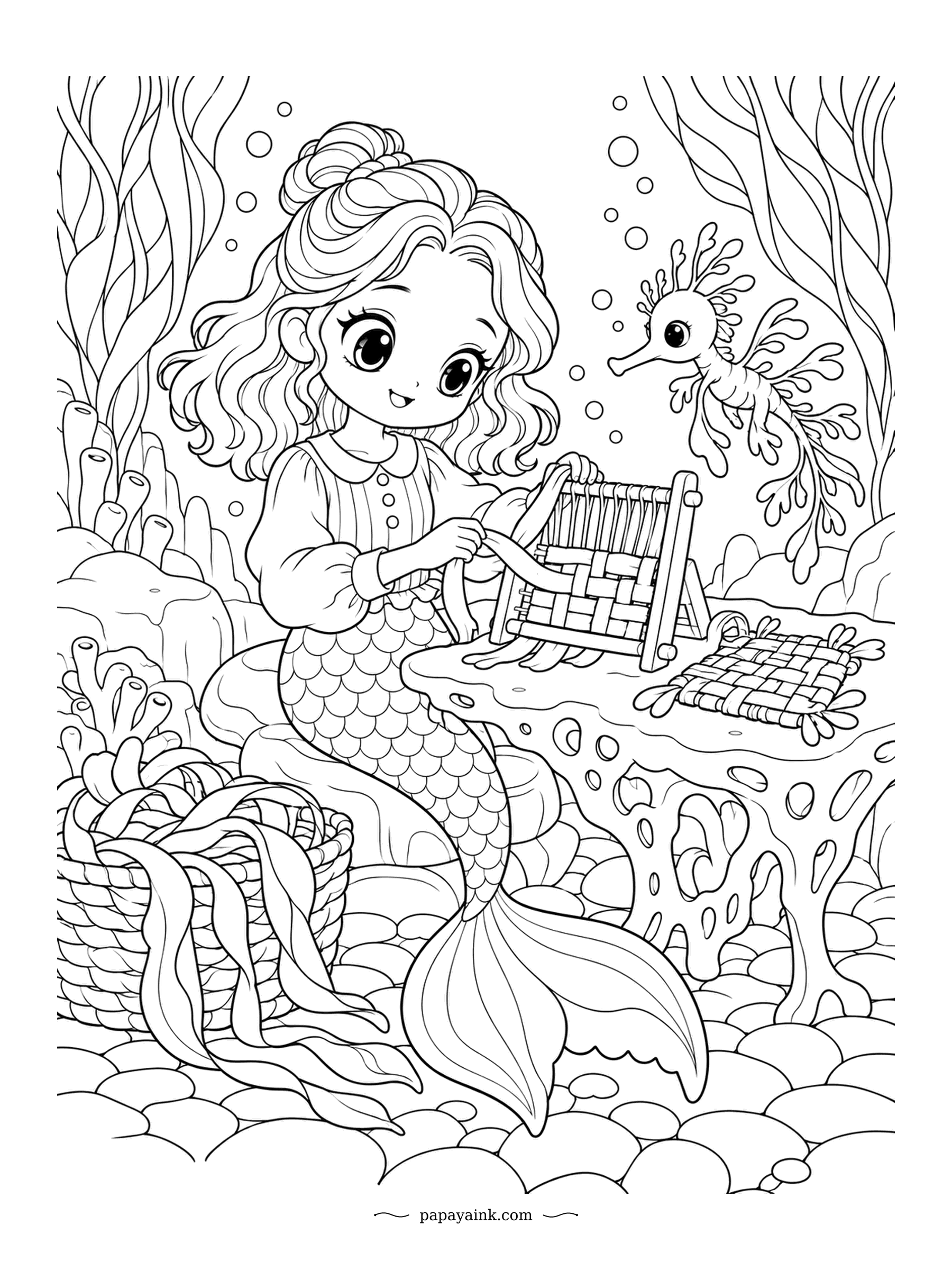 Kawaii Mermaid Coloring Pages - Weaving kelp ribbons on a small loom while a leafy seadragon checks the pattern. One finished mat is already drying on the rock, and the basket is full of more ribbon. Detailed - scales, weave and seaweed in one picture.