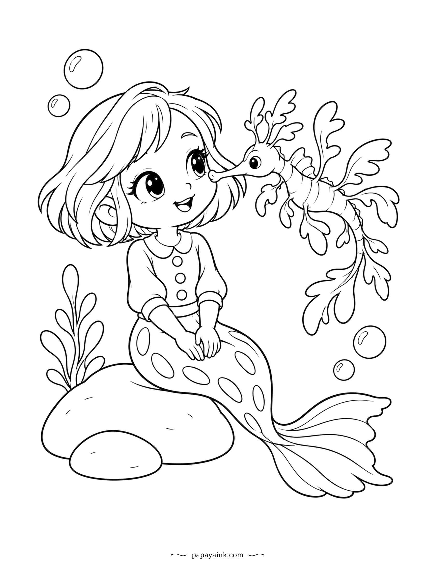 Kawaii Mermaid Coloring Pages - Nose to snout with a leafy seadragon. Those leaf-shaped flaps are not fins, they are camouflage, and this one has stopped pretending to be seaweed. Big simple shapes and a plain rock - a quick sheet.