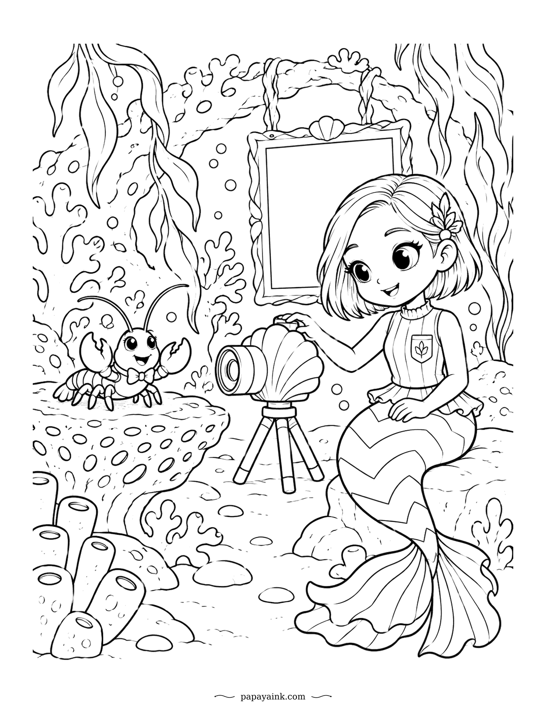 Kawaii Mermaid Coloring Pages - Say cheese. The lobster has put on a bow tie and raised both claws, the camera is on its tripod, and the frame on the wall is waiting for the result. Lobsters are brown-green when alive and only turn red in the pot.