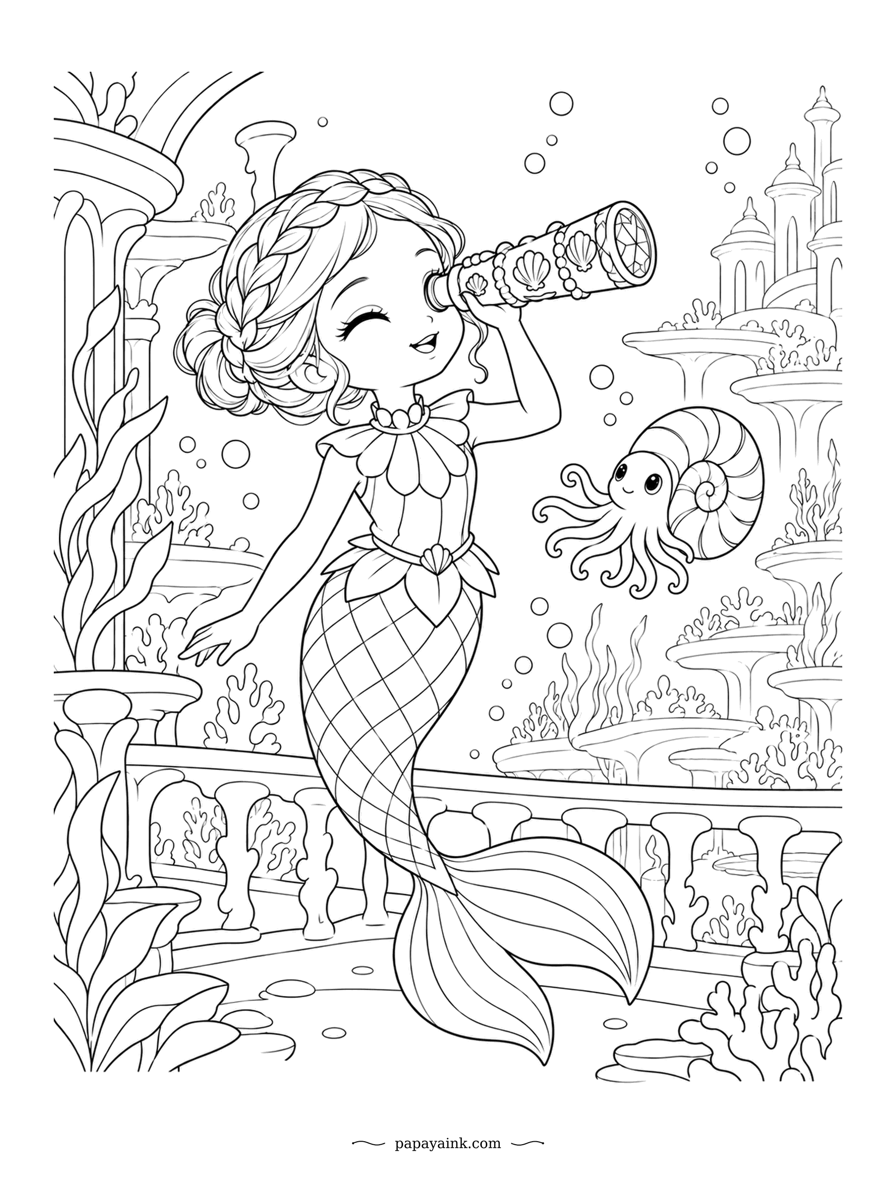 Kawaii Mermaid Coloring Pages - One eye shut, kaleidoscope up, and a nautilus floating over to see what the fuss is about. Inside its shell is a spiral of rooms; it builds a new one each time it outgrows the last. Detailed - a whole reef city behind the balcony.