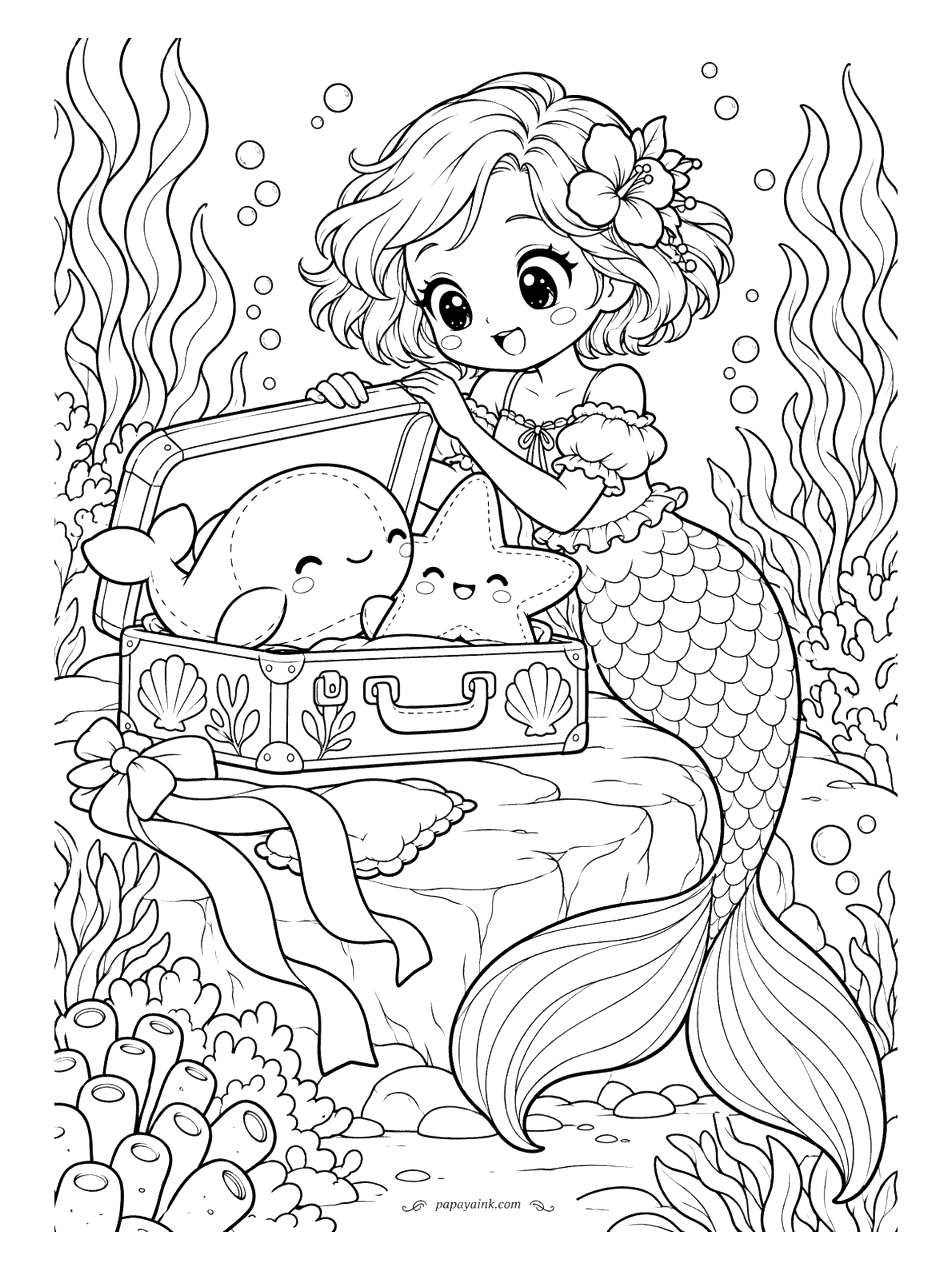 Kawaii Mermaid Coloring Pages - Packed first, as always: a plush whale and a plush starfish, tucked into a trunk decorated with shells. A ribbon and a small cushion wait on the rock beside it. Detailed - coral and tall seaweed all around.