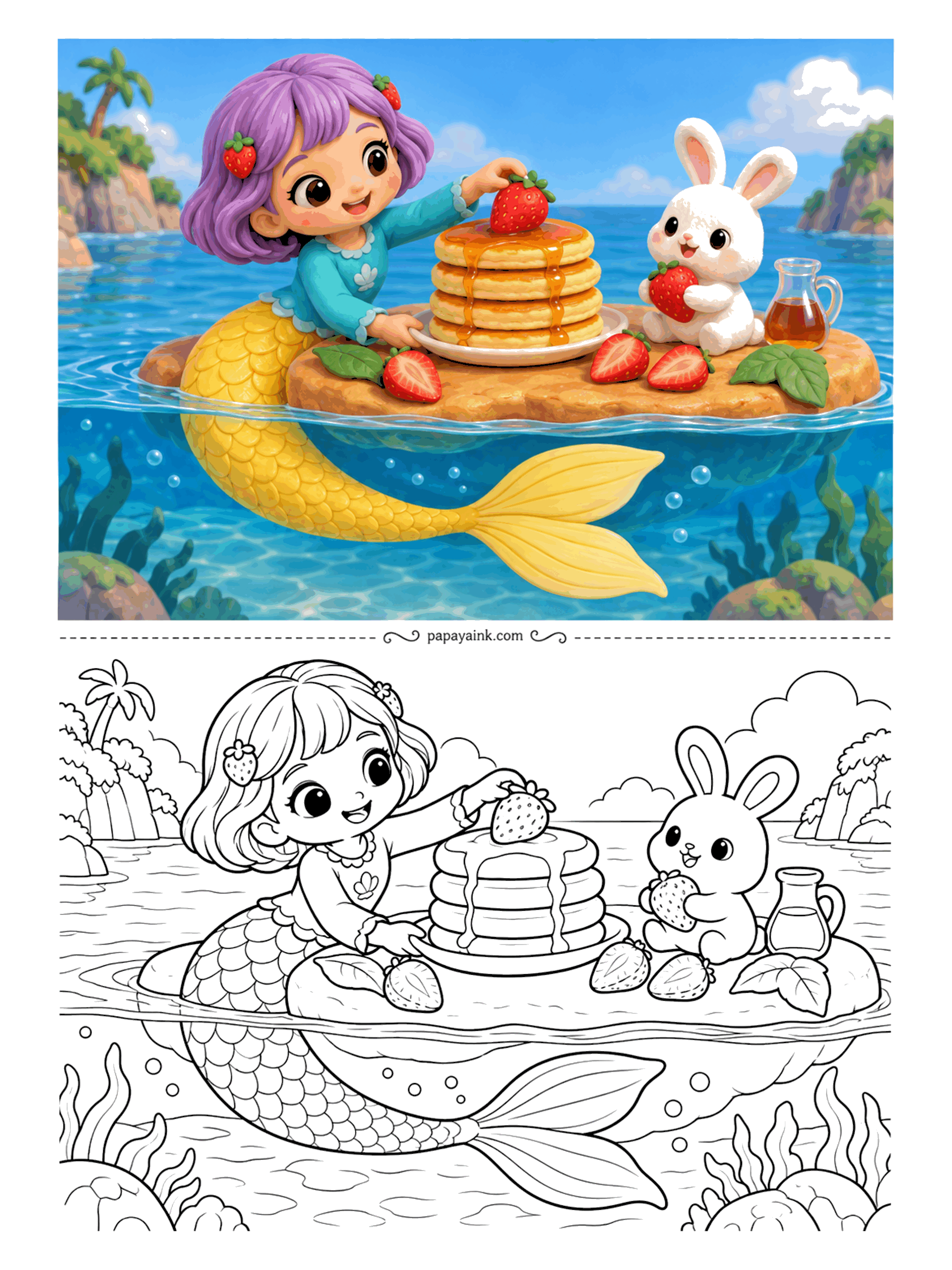 Kawaii Mermaid Coloring Pages - Breakfast floats. A stack of pancakes with syrup running down the sides gets its strawberry on top, and a white bunny on the same little island has already picked a berry for itself. Palm shores above the waterline, her tail and seaweed below.