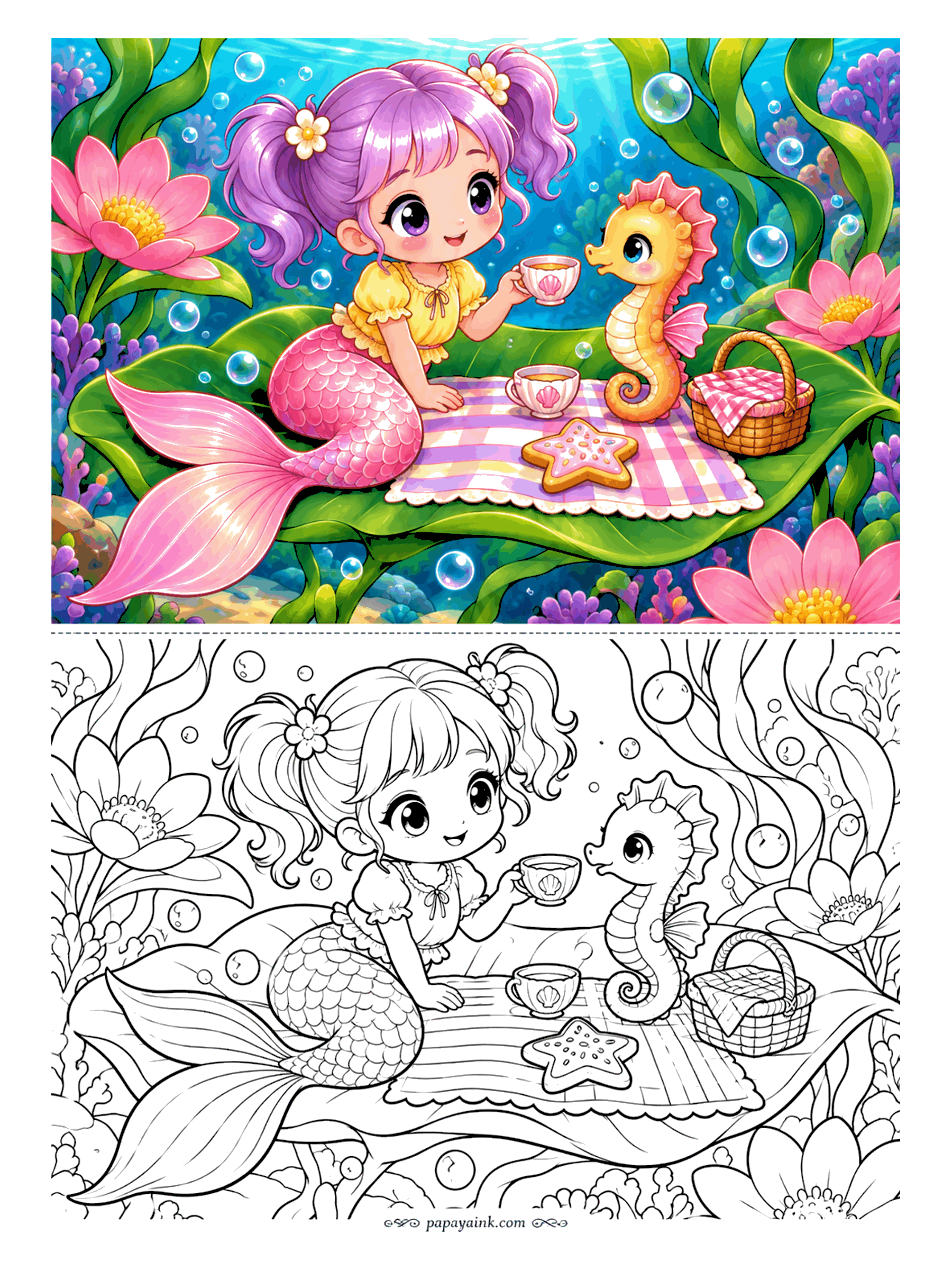 Kawaii Mermaid Coloring Pages - Picnic on a leaf the size of a dining table: a gingham blanket, shell-printed cups, a frosted starfish cookie and a seahorse with excellent manners.