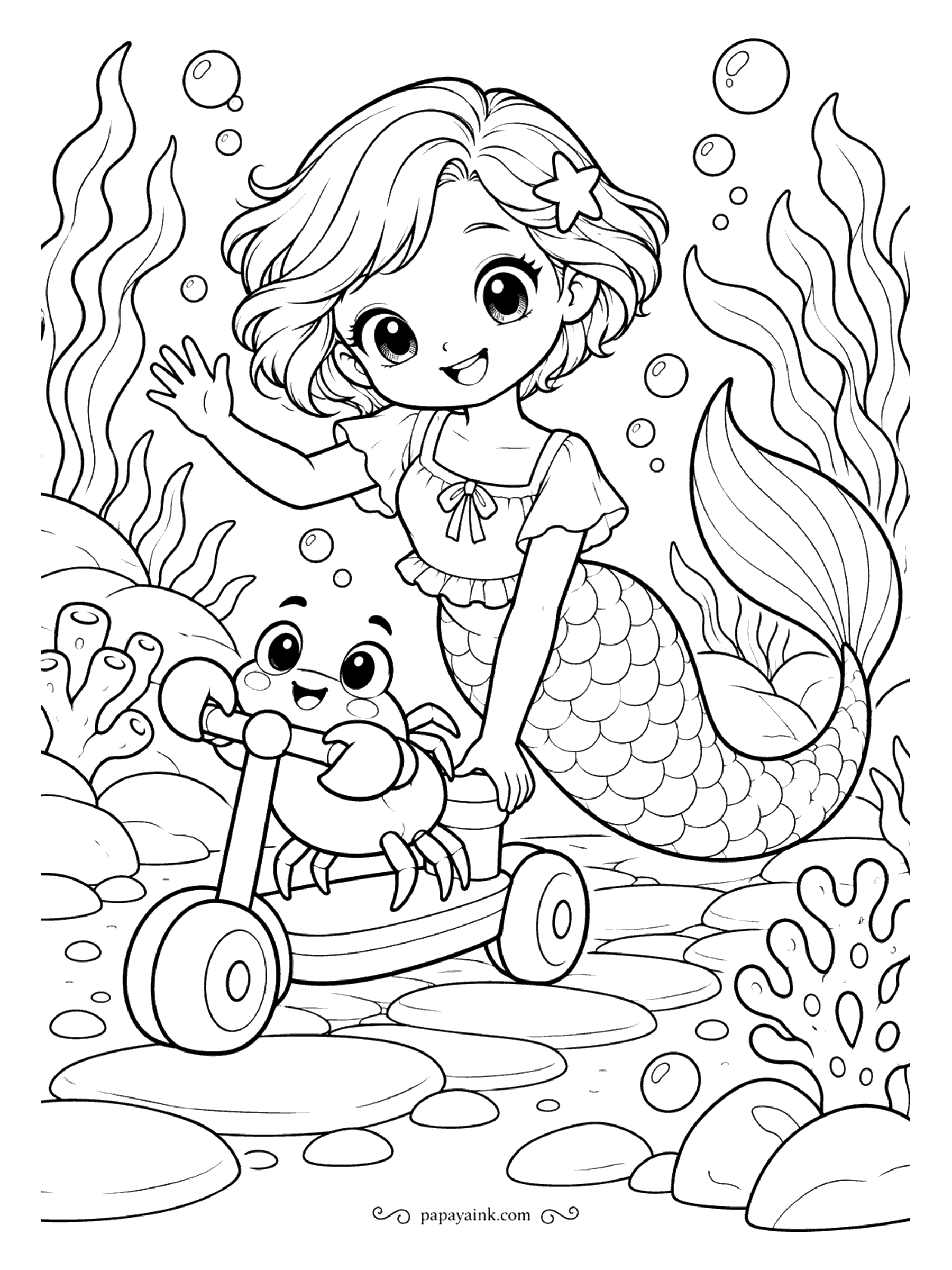 Kawaii Mermaid Coloring Pages - First ride on a scooter, and the crab grips the handlebar with both claws. She gives the push from behind and waves at whoever is watching.