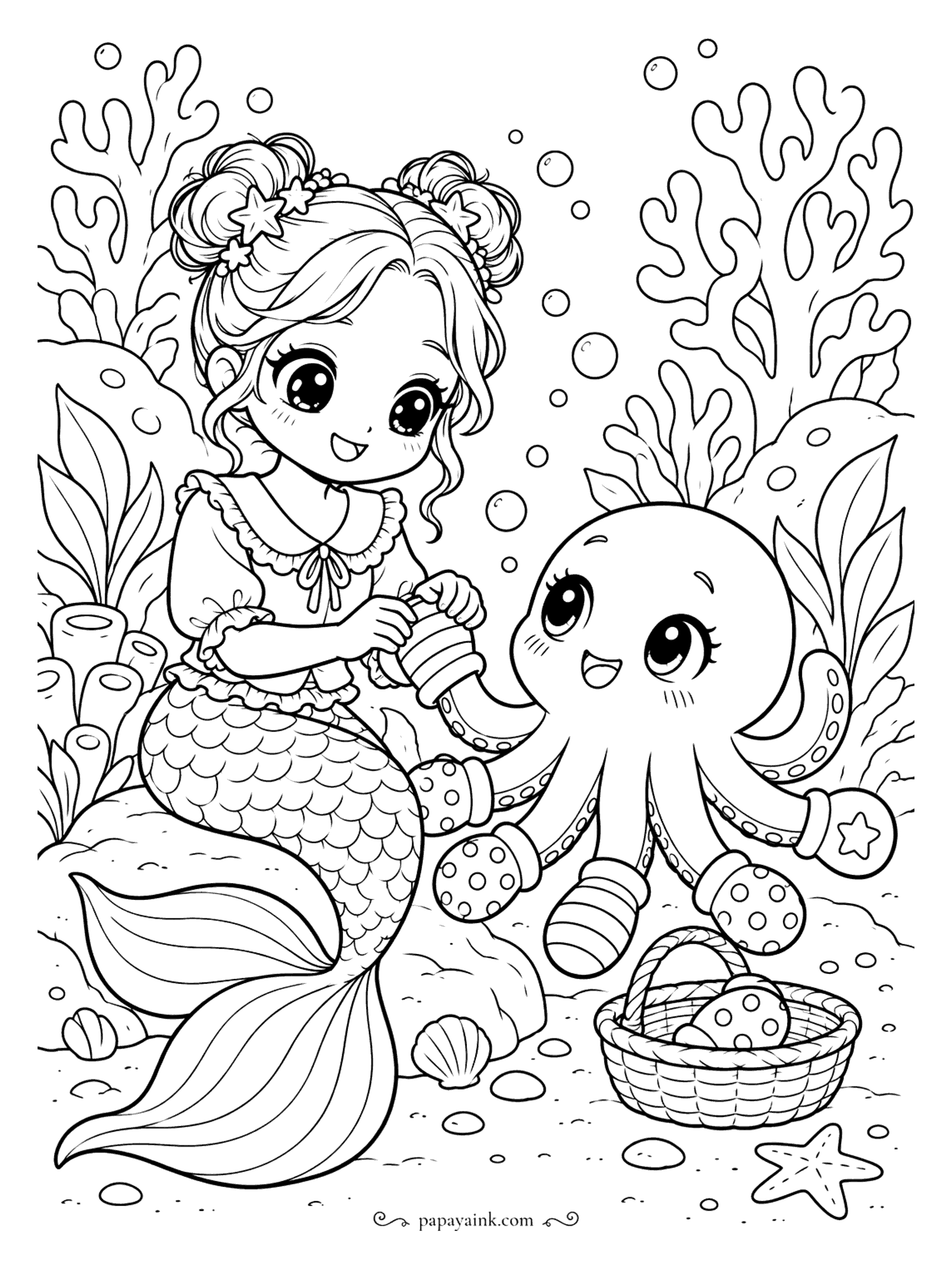Kawaii Mermaid Coloring Pages - Mittens for an octopus are a bigger knitting project than they sound. Several are on already - dots, stripes, a star - and the next one is being pulled over a tentacle, with more waiting in the basket.