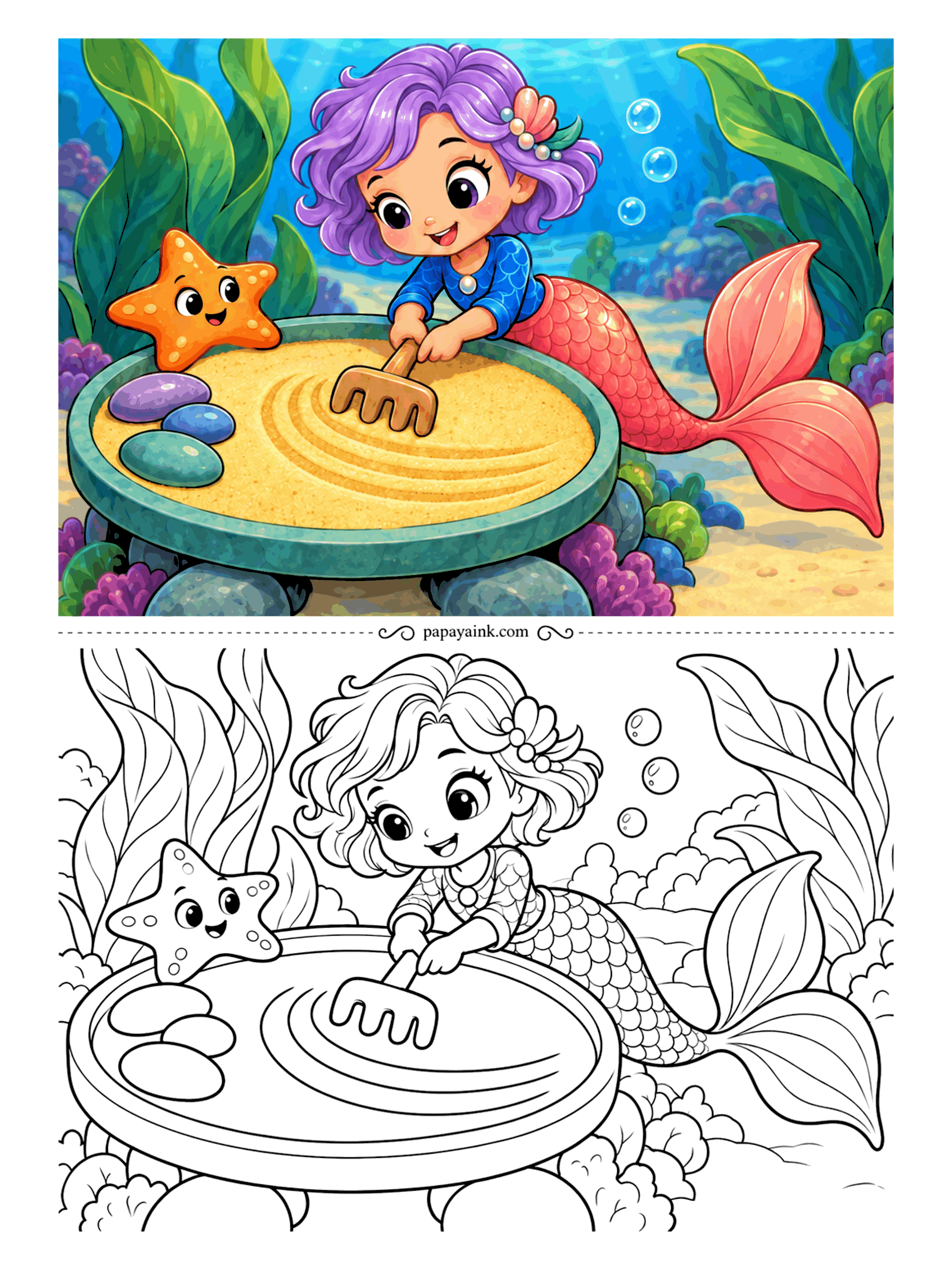 Kawaii Mermaid Coloring Pages - Slow circles with a small wooden rake: a sand garden in a round stone dish, with smooth pebbles set to one side. The starfish leaning on the rim seems to approve. A calm page with wide curves and very little fine detail.