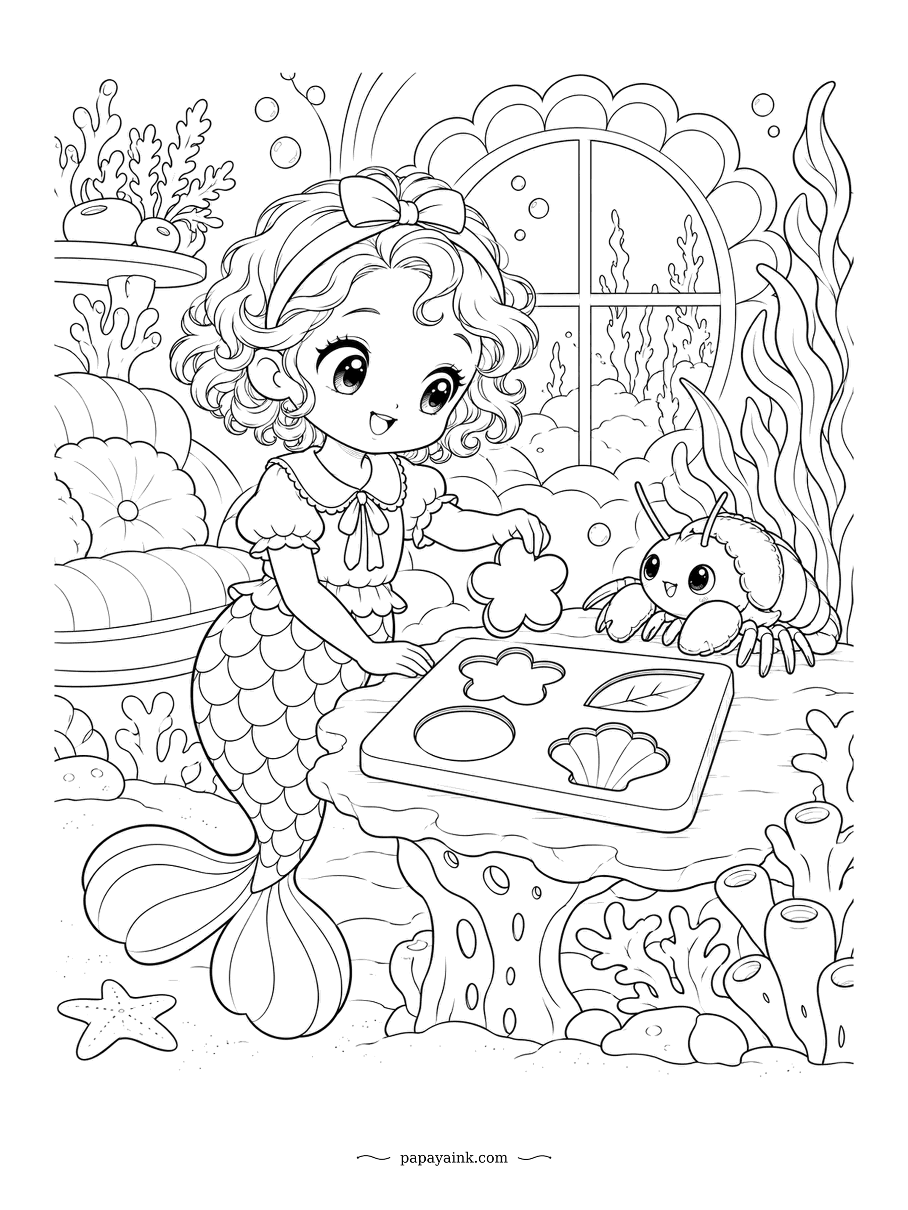 Kawaii Mermaid Coloring Pages - Flower, leaf, shell, circle: a shape puzzle on a coral table, and a pint-sized lobster handing over the next piece. The round window behind her frames the whole scene. Try a different color for each puzzle shape.