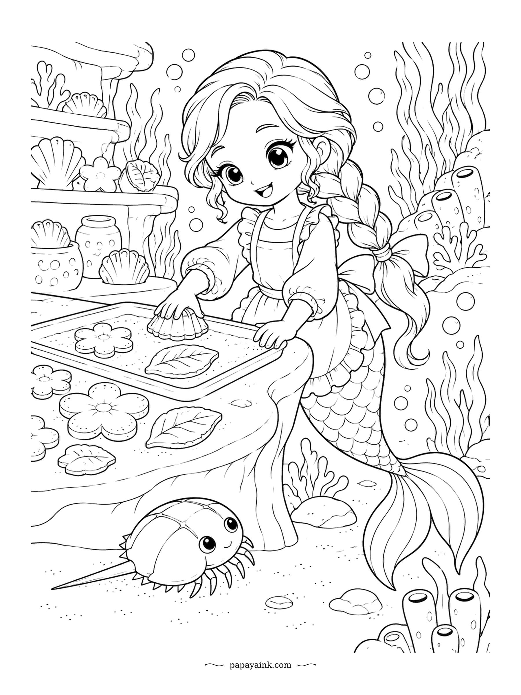 Kawaii Mermaid Coloring Pages - Flower and leaf cutters, a tray of sand biscuits, and a horseshoe crab arriving to sample. Horseshoe crabs are older than dinosaurs and closer cousins to spiders than to crabs, which does not stop them liking biscuits. Apron, braid and shelves all want attention.