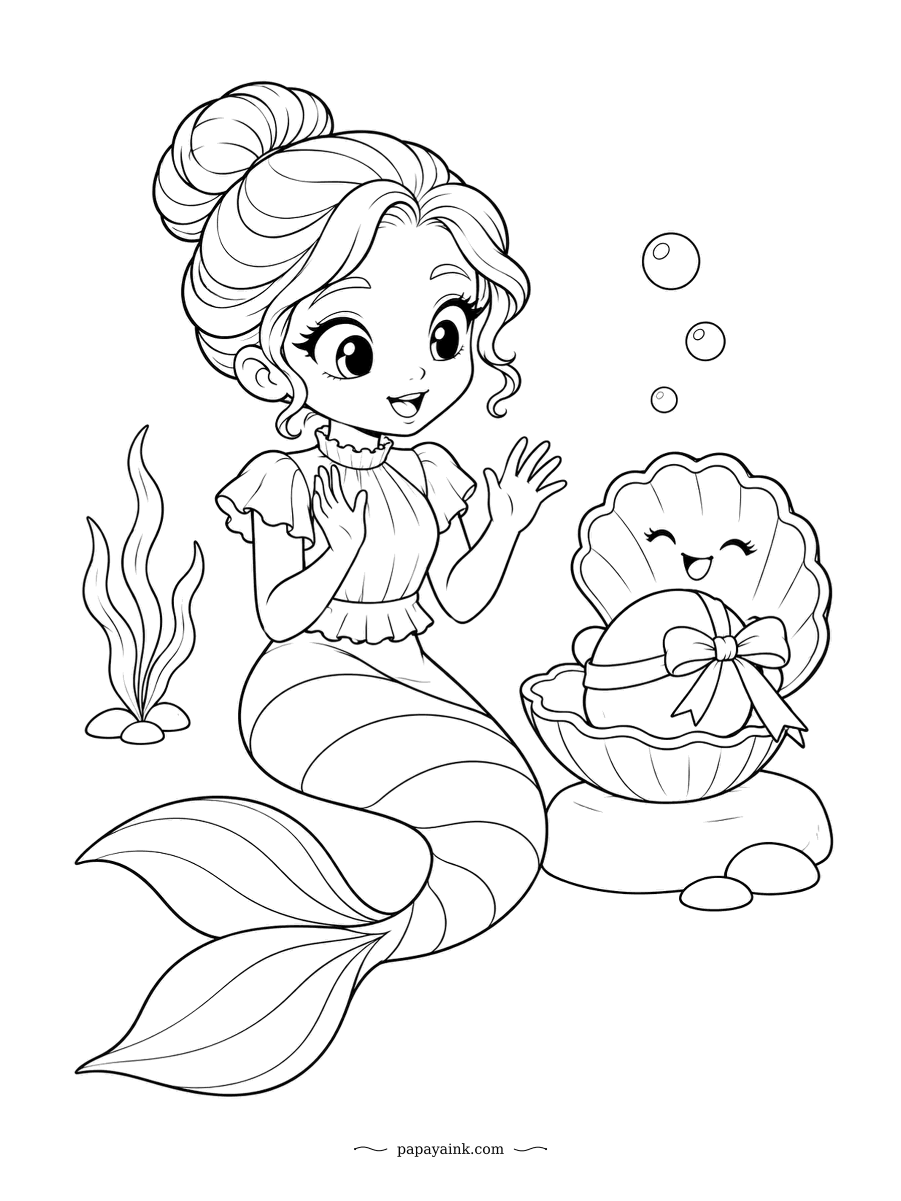 Kawaii Mermaid Coloring Pages - The scallop opens and there is a pearl inside with a bow on it. Pearls usually come from oysters, so this one was clearly ordered in. Simple shapes and a lot of white - leave the pearl pale and shade the water around her.