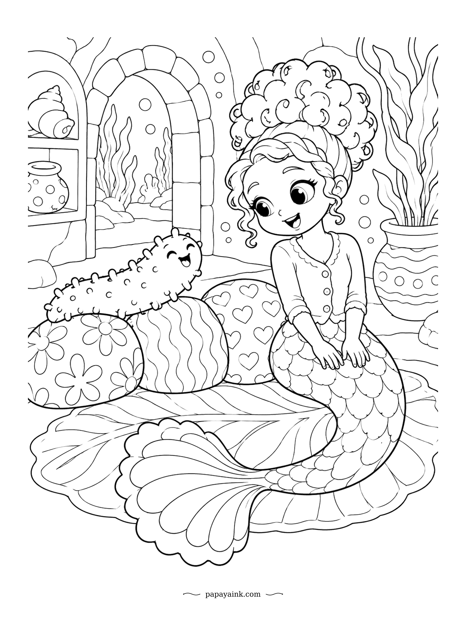 Kawaii Mermaid Coloring Pages - The sea cucumber has climbed a stack of patterned cushions and is enjoying the view. Its body is soft and spiky at the same time, like a very relaxed hedgehog. Flowers, stripes and hearts on the cushions mean three patterns to fill.