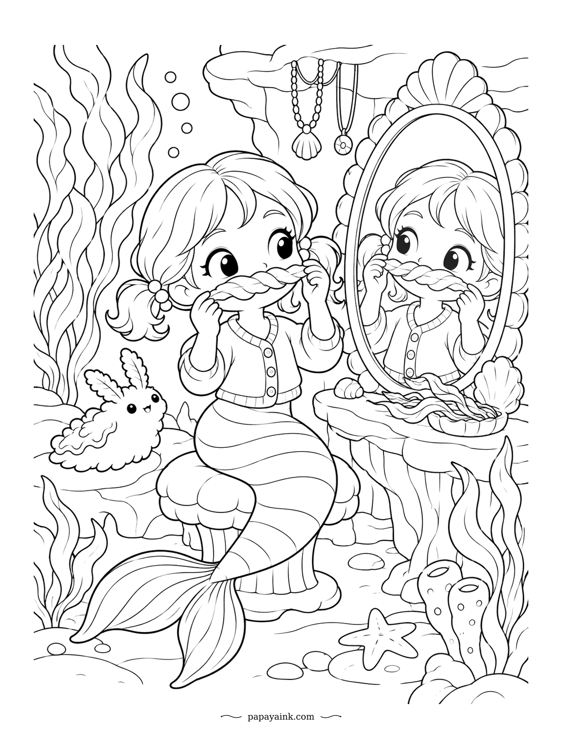 Kawaii Mermaid Coloring Pages - A kelp moustache, held up to the mirror for approval. The sea bunny on the floor approves. Braids, a buttoned cardigan and a dressing table with shells on it - a cozy indoor scene with soft textures to shade.