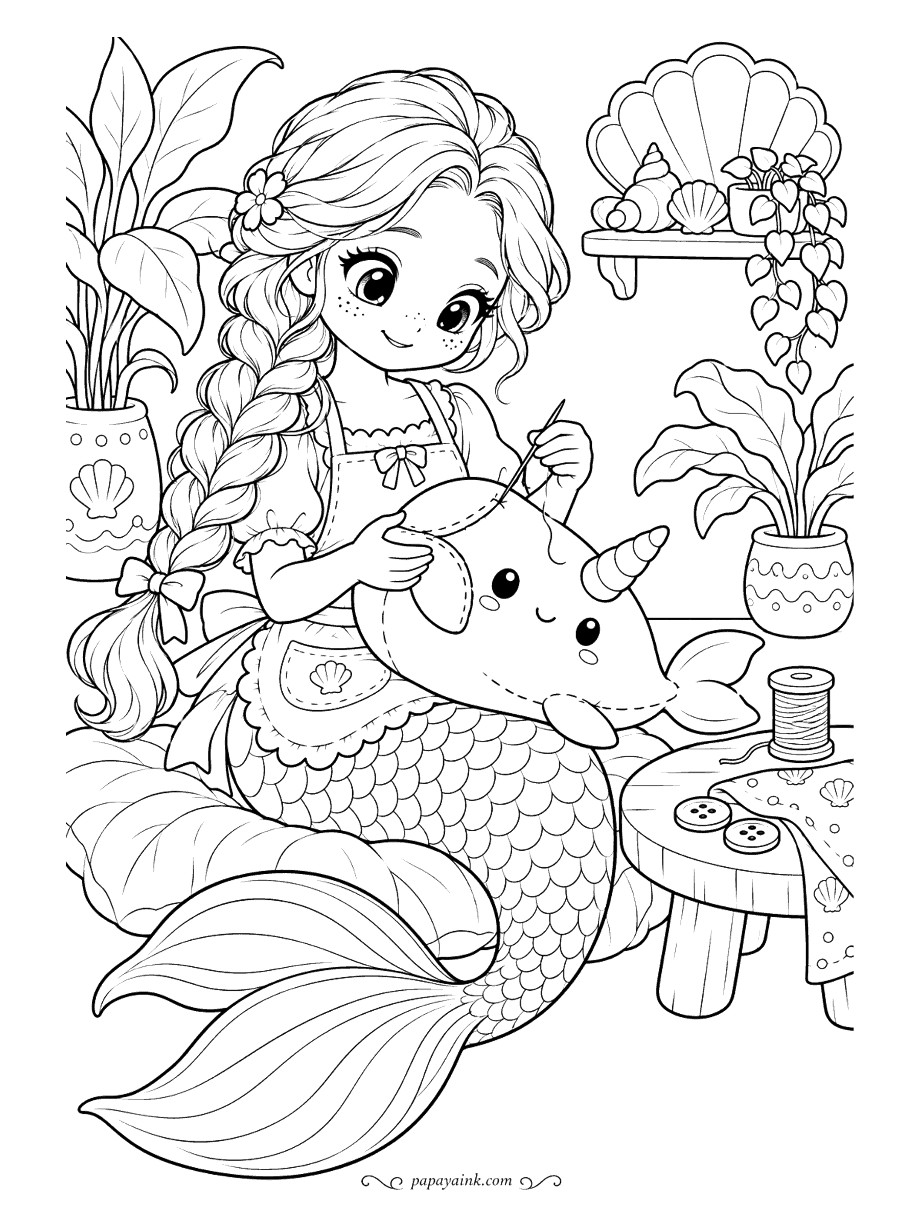 Kawaii Mermaid Coloring Pages - Last stitches on a plush narwhal, sewn by hand in a room full of potted plants. Thread, buttons and a scrap of shell-print fabric wait on the stool. Detailed - a long braid, a scalloped apron and patterned pots.