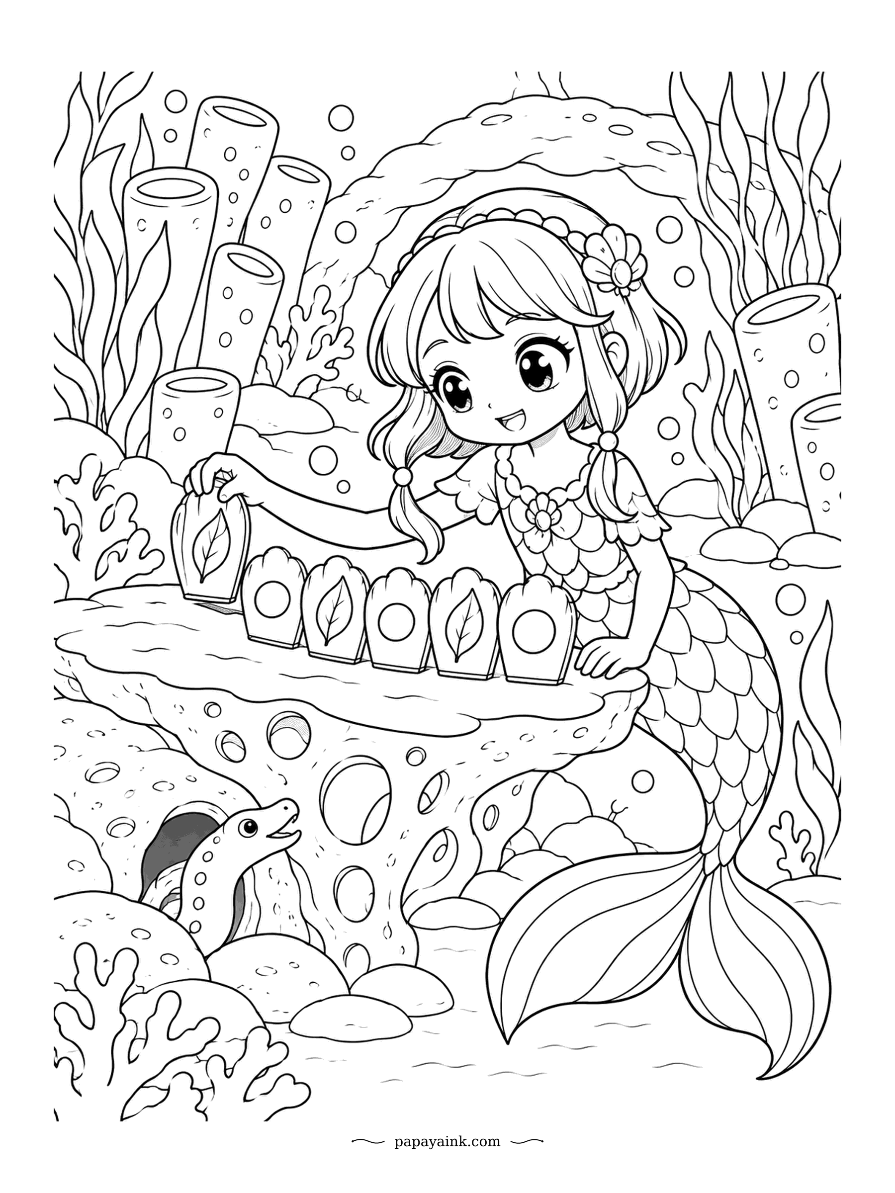 Kawaii Mermaid Coloring Pages - Shells stood on end in a row, ready to topple one into the next. The moray eel in the rock has come out to watch; morays hold their mouths open to breathe, not to be rude. Tube sponges in the back add tall shapes.