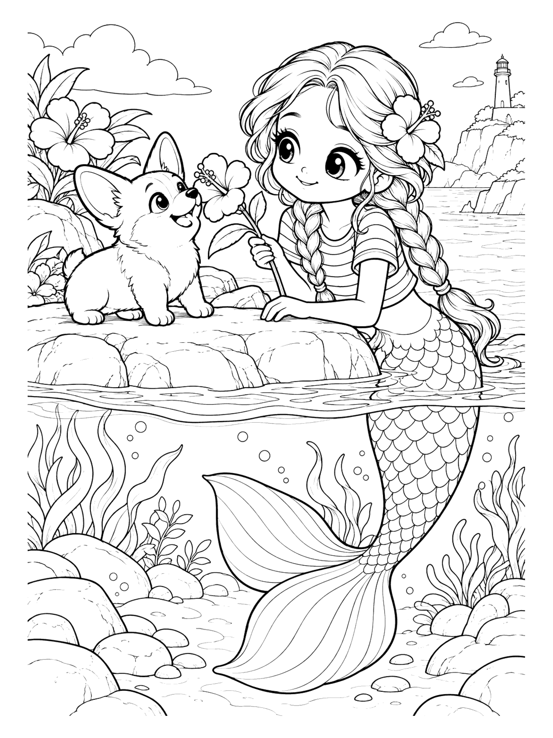 Kawaii Mermaid Coloring Pages - Sniff test: the corgi puppy on the rocks gives the hibiscus a careful inspection and approves. A lighthouse stands on the far cliff, and under the surface the tail sweeps past seaweed and round stones.