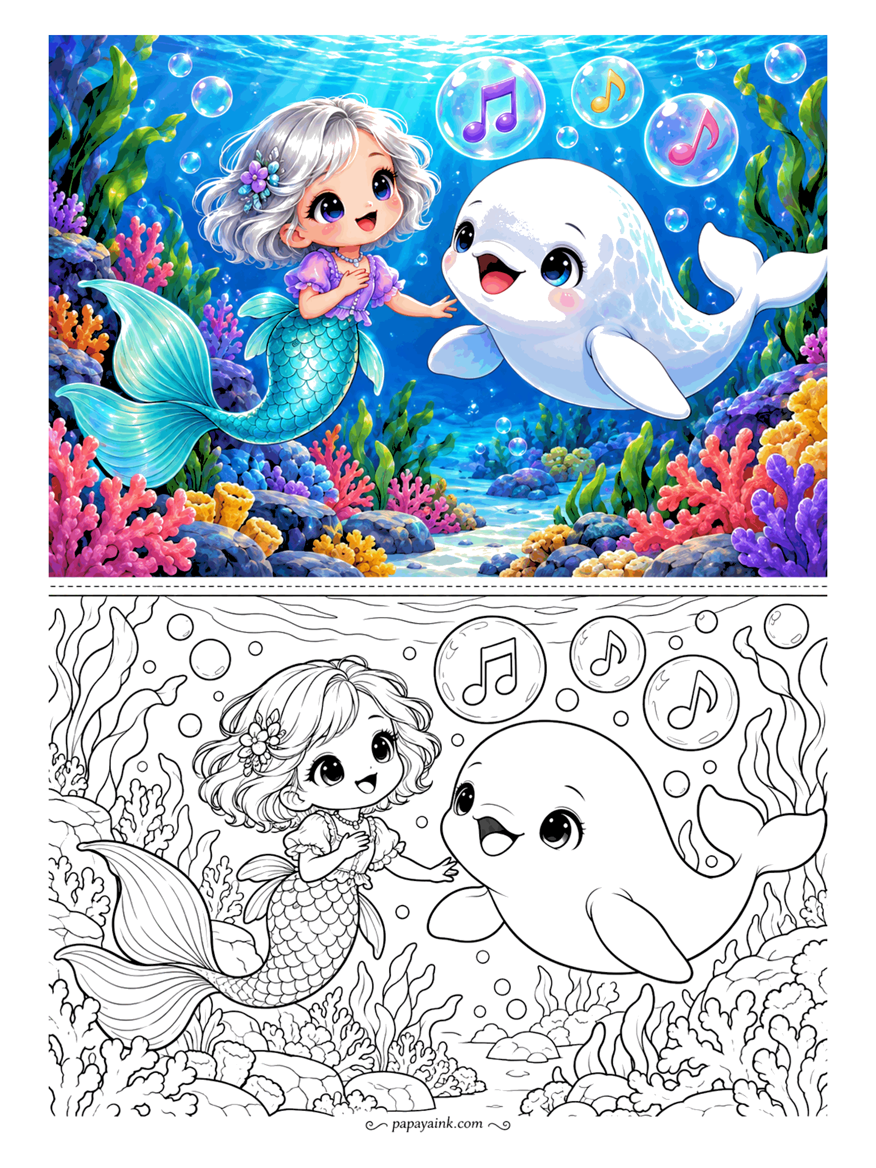 Kawaii Mermaid Coloring Pages - Singing practice with a baby beluga: every note comes out sealed in its own bubble and floats off toward the surface. Coral grows in every direction, so there is room for a loud palette.