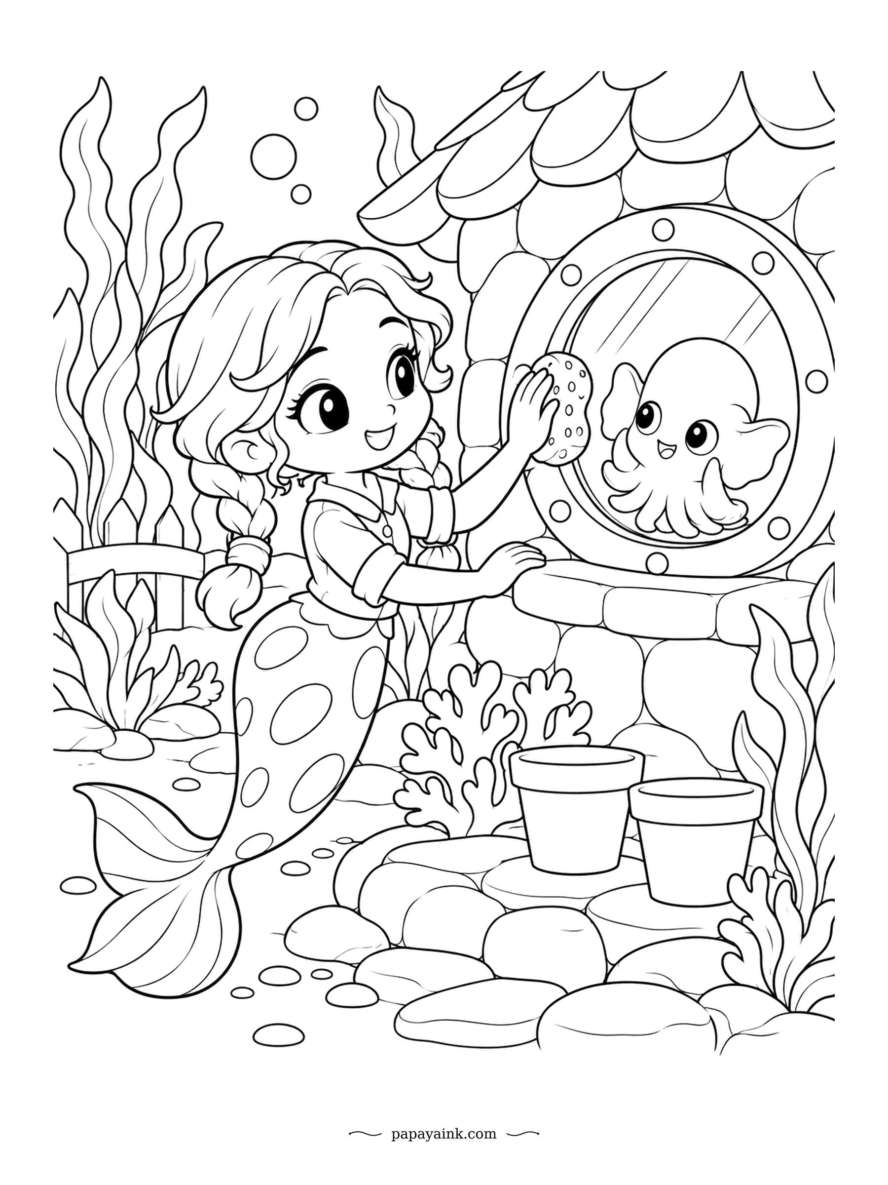 Kawaii Mermaid Coloring Pages - Porthole washing with a real sea sponge, which is itself an animal, so technically two creatures are doing the chore. The friend inside the window is not helping. Shingled roof above, stone wall below - stripes of texture from top to bottom.