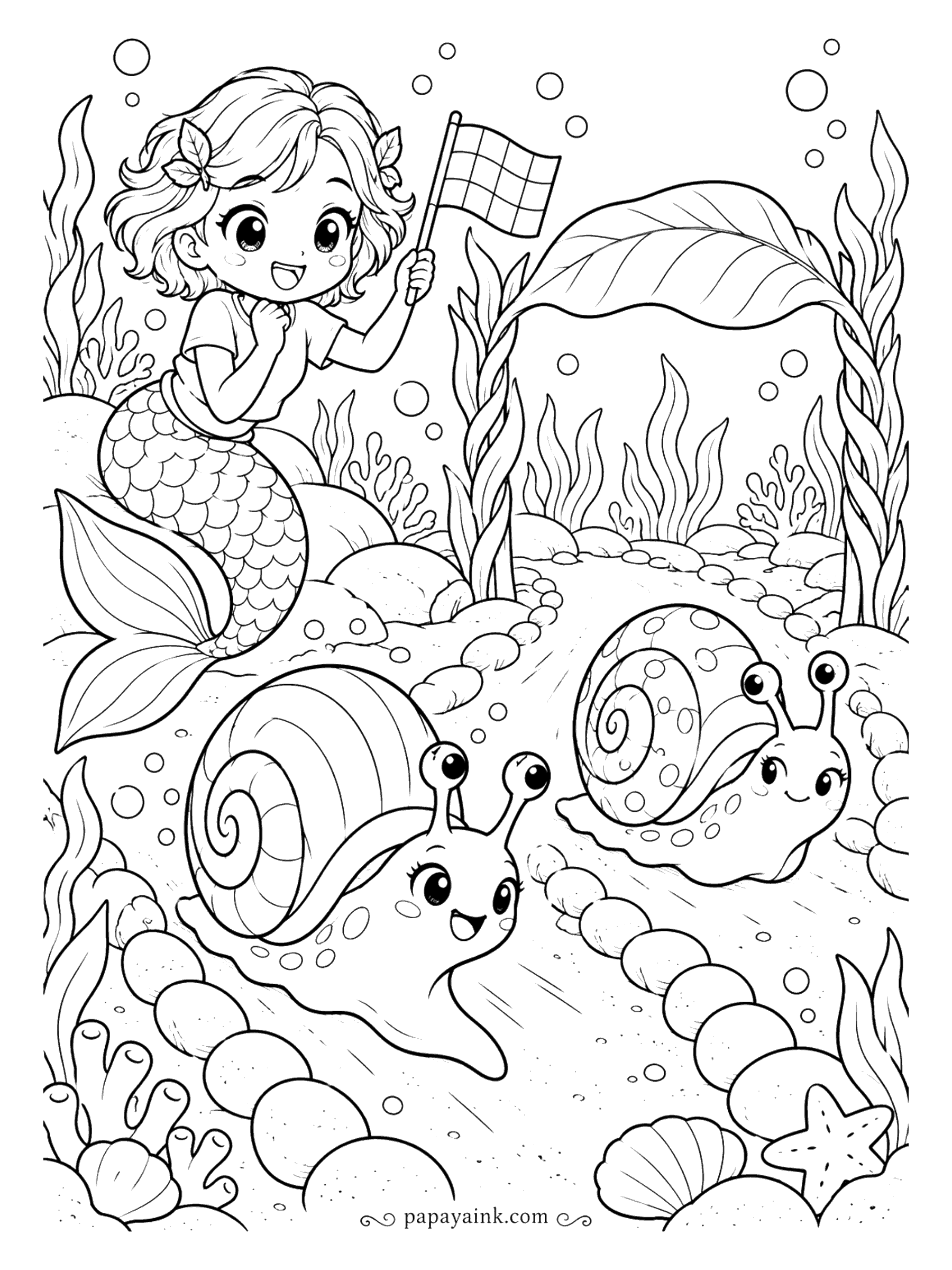 Kawaii Mermaid Coloring Pages - Race day on the sandy track: two snails approach the leaf arch at full snail speed, and the checkered flag is already up. The spiral shells, one striped and one spotted, are the fun part to color.