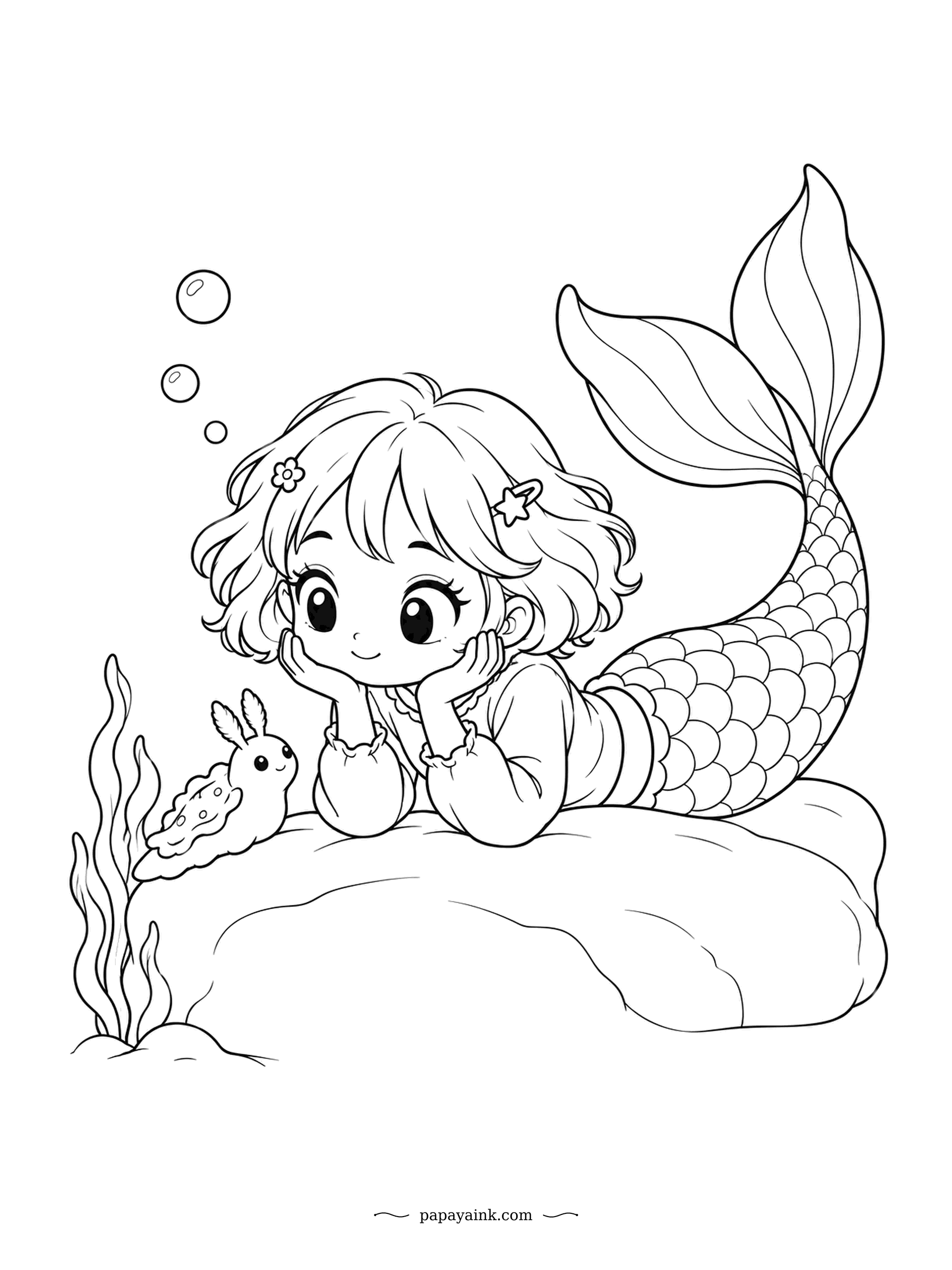 Kawaii Mermaid Coloring Pages - Chin in hands, down at eye level with a sea bunny the size of a fingernail. The bunny ears are really scent feelers, which is how it found her. Almost no background - a calm sheet that works with just a couple of pencils.