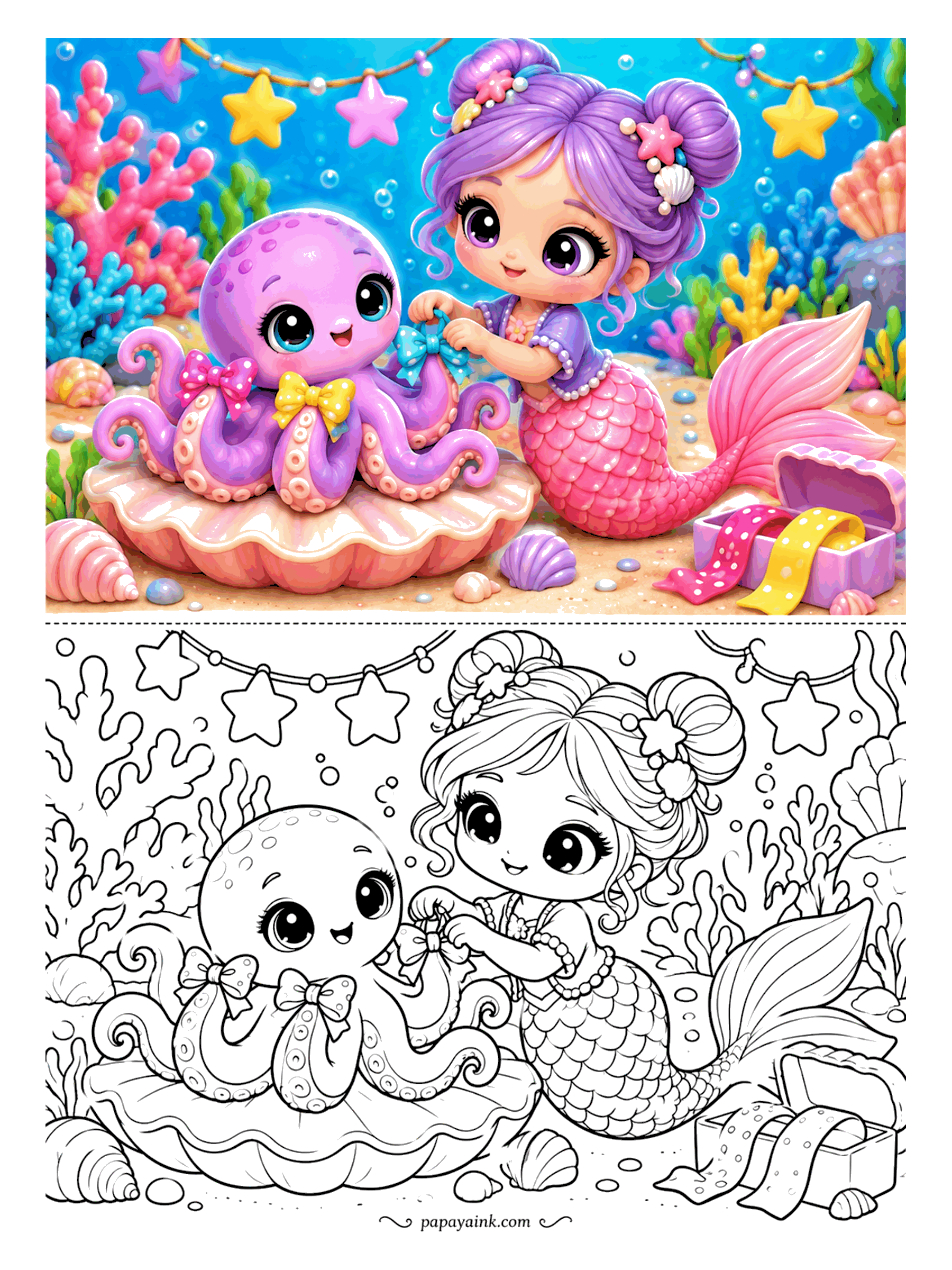 Kawaii Mermaid Coloring Pages - Eight arms mean a lot of bows. Polka-dot ribbons come out of the treasure box one at a time, and the baby octopus sits on its open clam and holds still for every knot.