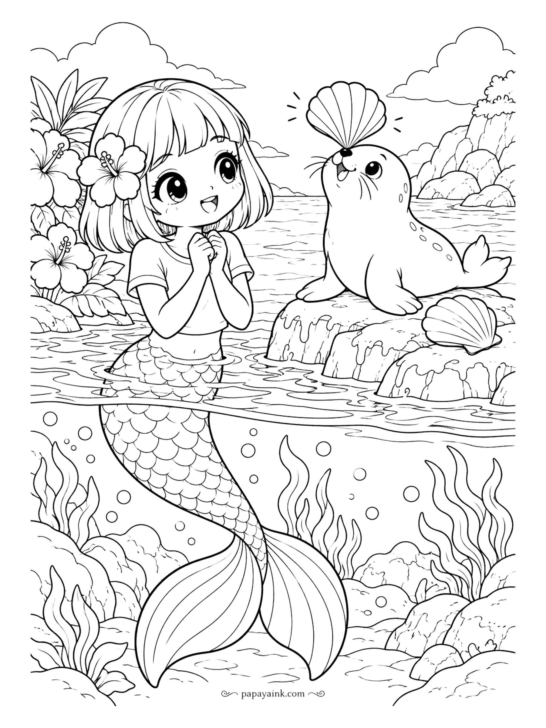 Kawaii Mermaid Coloring Pages - Circus trick at the shoreline: a seal balances a scallop shell on the tip of its nose while the audience of one clasps her hands. A split view - hibiscus and cliffs on top, seaweed and bubbles below.