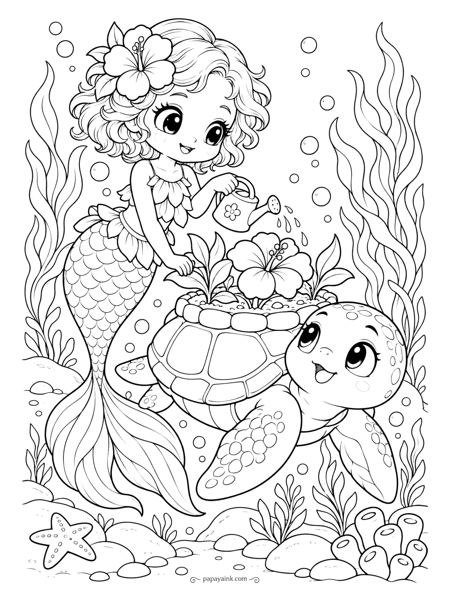 Kawaii Mermaid Coloring Pages - This sea turtle carries a flower bed on its shell, ringed with stones, and holds still while the hibiscus gets watered. Her top and skirt are stitched from leaves.