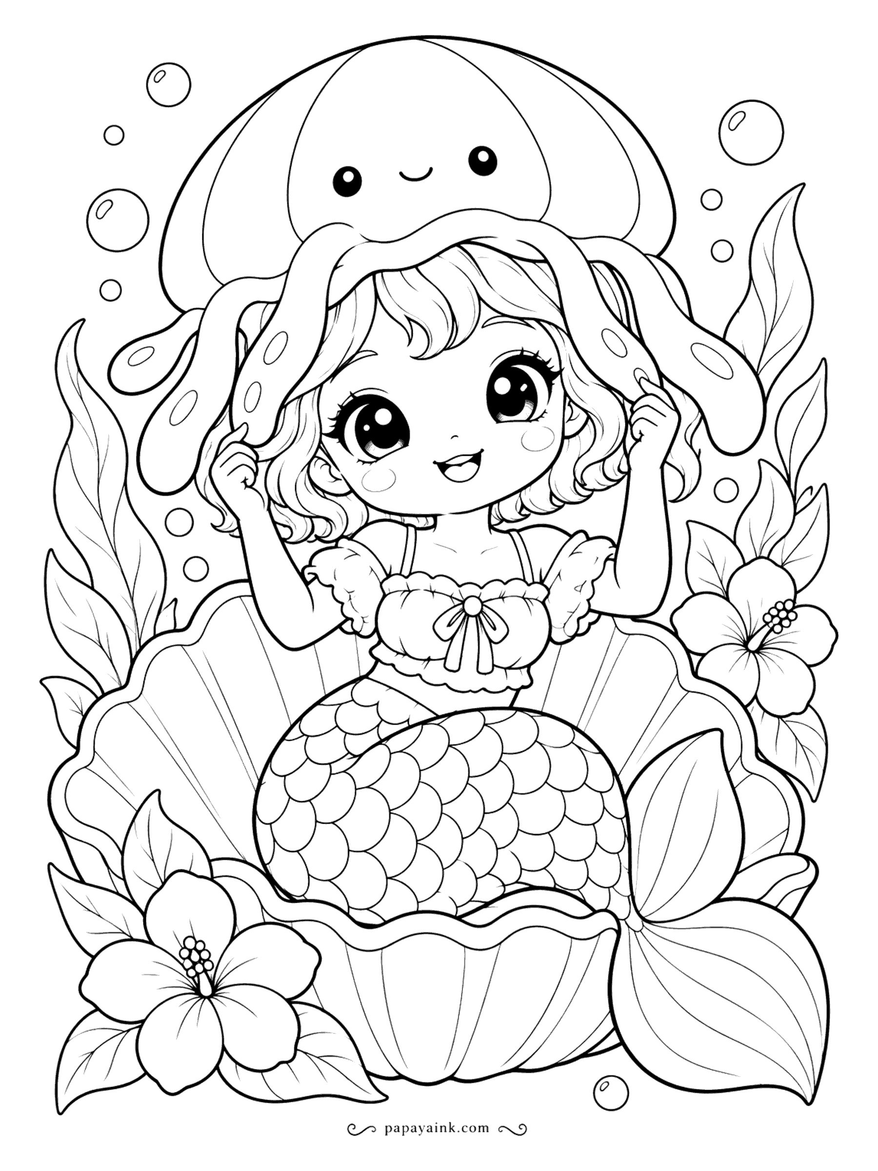 Kawaii Mermaid Coloring Pages - Today's hat is a jellyfish - smiling, with tentacles hanging down past her ears. She holds it in place with both hands, seated in an open scallop between hibiscus flowers. Bold outlines, an easy one.