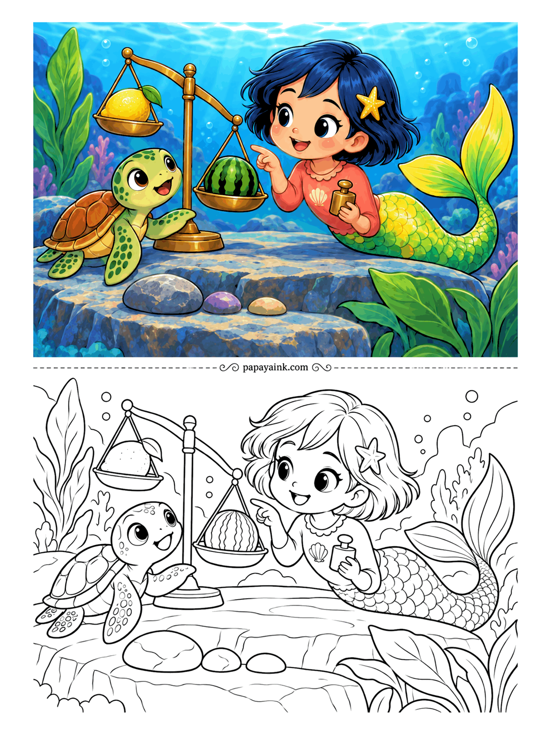 Kawaii Mermaid Coloring Pages - Which weighs more, a lemon or a watermelon? The brass scale has already answered, and the baby turtle looks delighted with the result. She keeps a small weight in her hand, just in case.