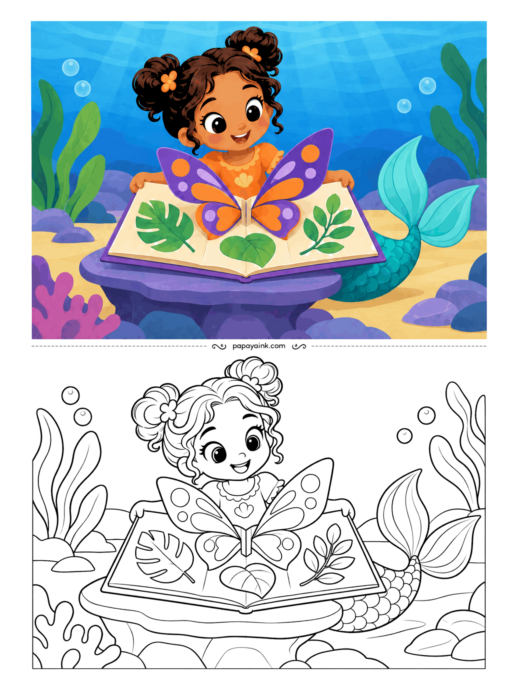 Kawaii Mermaid Coloring Pages - Open the book and a butterfly stands up from the page, wings spread, with paper leaves lying flat around it. She holds the covers wide to show it off. The wing spots are the place for your brightest colors.