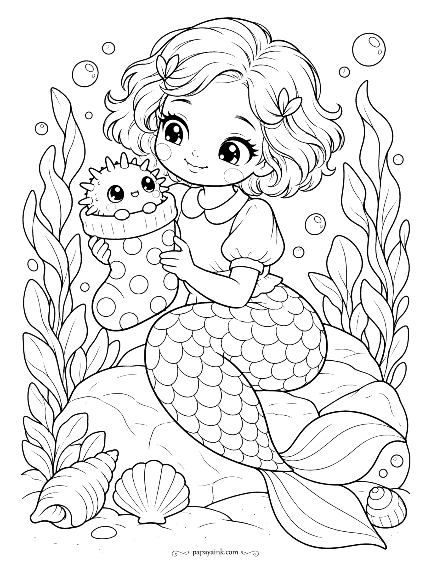Kawaii Mermaid Coloring Pages - A polka-dot stocking turns out to be occupied: a small pufferfish peeks over the knitted cuff, spikes and all. Wide open shapes and big dots - an easy page for markers.