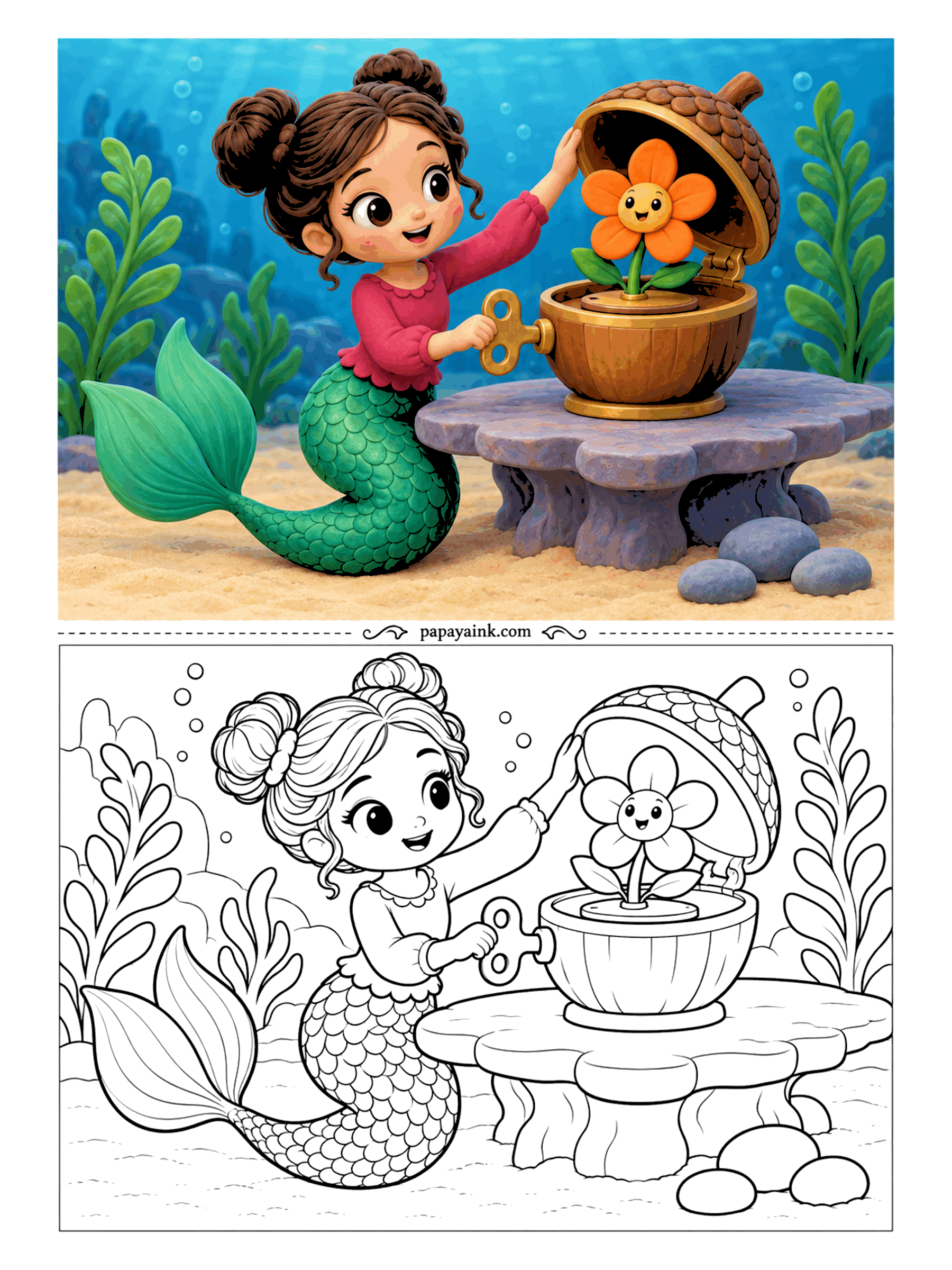 Kawaii Mermaid Coloring Pages - Wind the key and the acorn opens: inside, a little flower with a smiling face turns on its stand. The music box sits on a stone table shaped like a blossom. Smooth shapes, and a color sample that looks modeled from clay.
