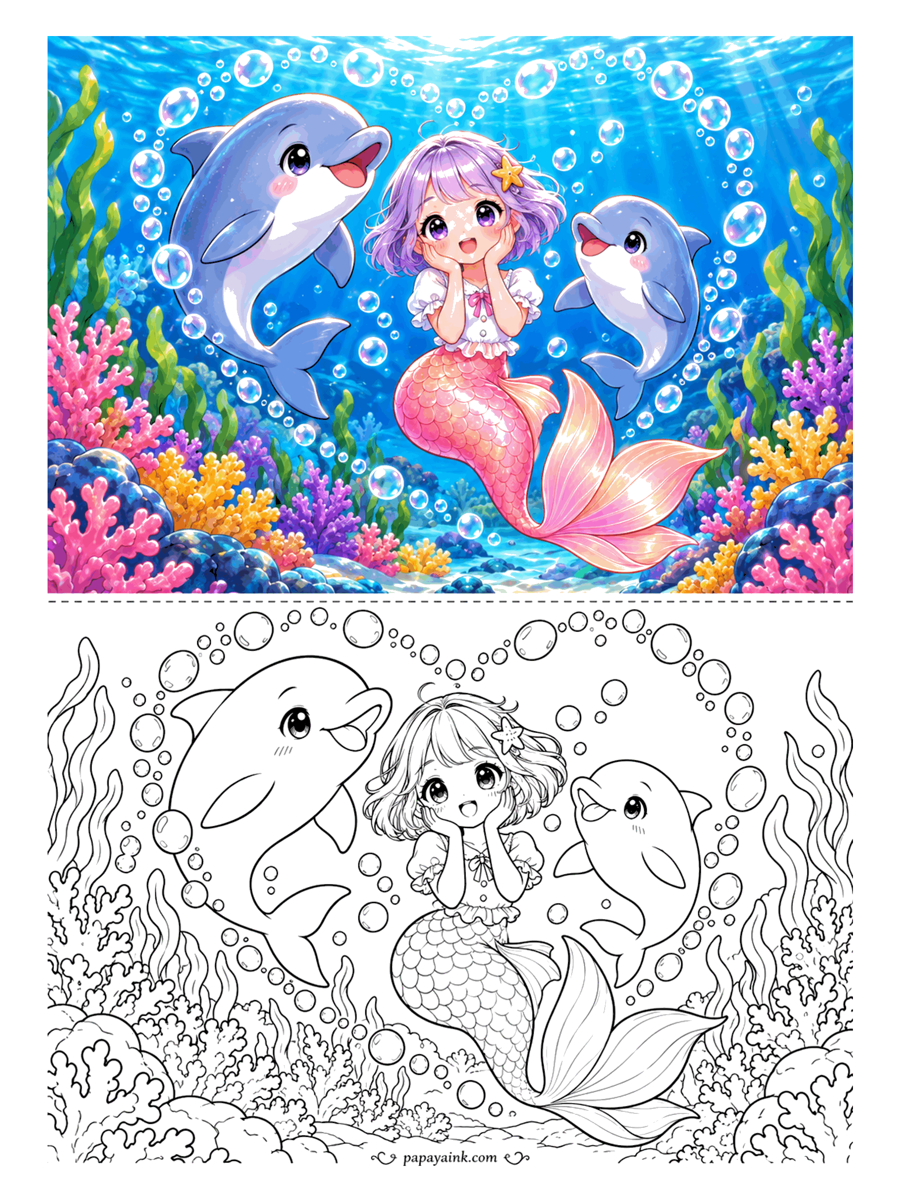 Kawaii Mermaid Coloring Pages - Bubbles drift up and close into a heart around her, and the pair of dolphins responsible look very pleased with themselves. Hands on her cheeks say the surprise worked.