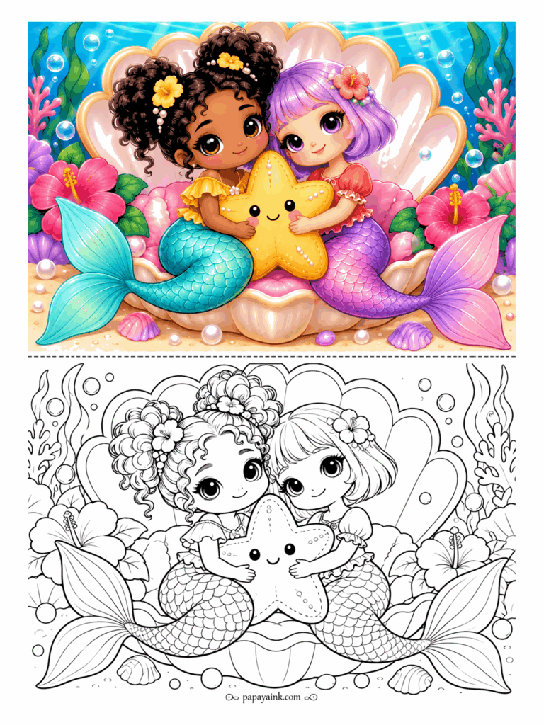 Kawaii Mermaid Coloring Pages - One plush starfish, two owners, no arguments. The friends share the hug inside an open clam, with hibiscus crowding in from both sides and loose pearls scattered over the sand.
