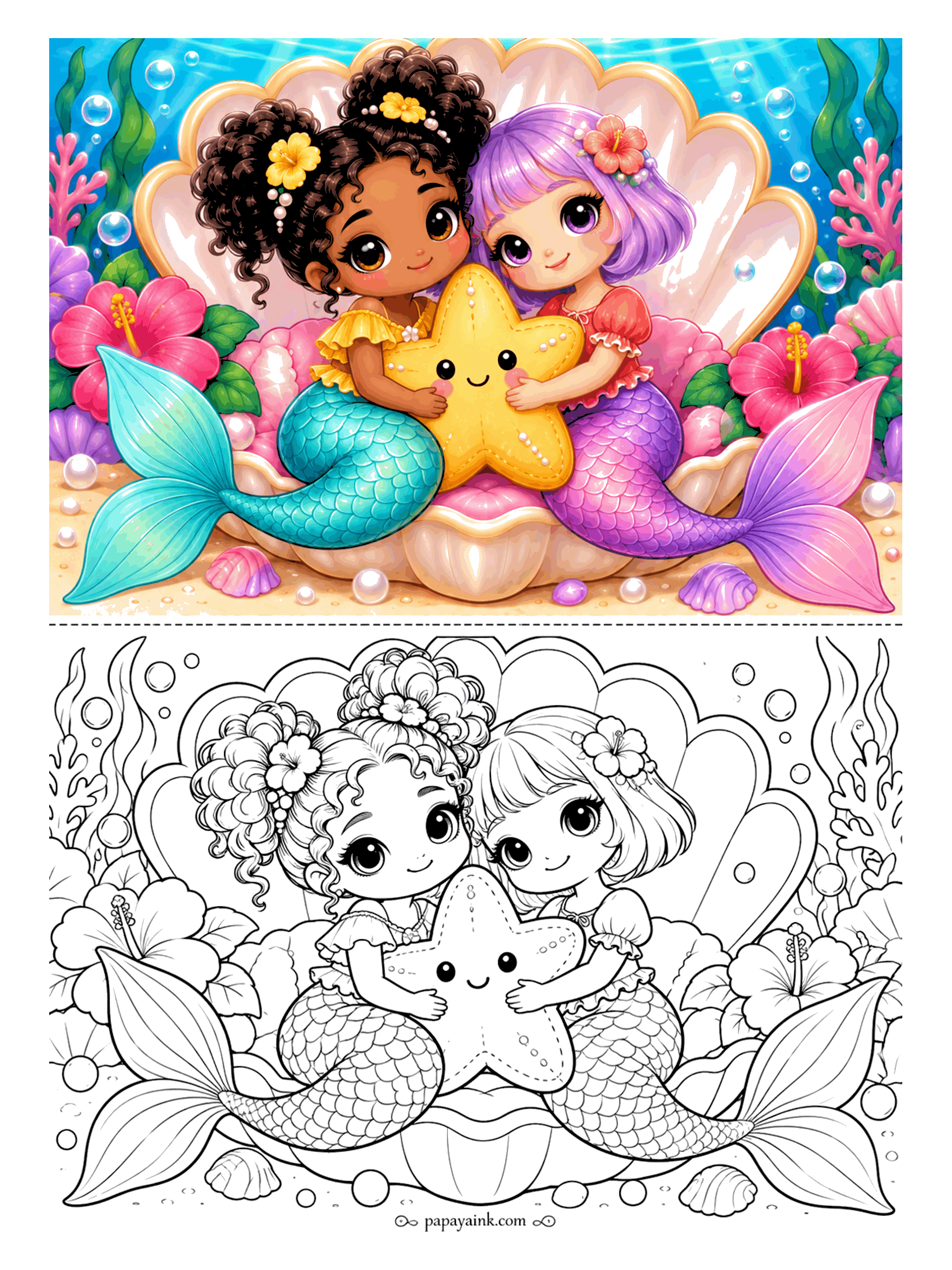 Kawaii Mermaid Coloring Pages - One plush starfish, two owners, no arguments. The friends share the hug inside an open clam, with hibiscus crowding in from both sides and loose pearls scattered over the sand.